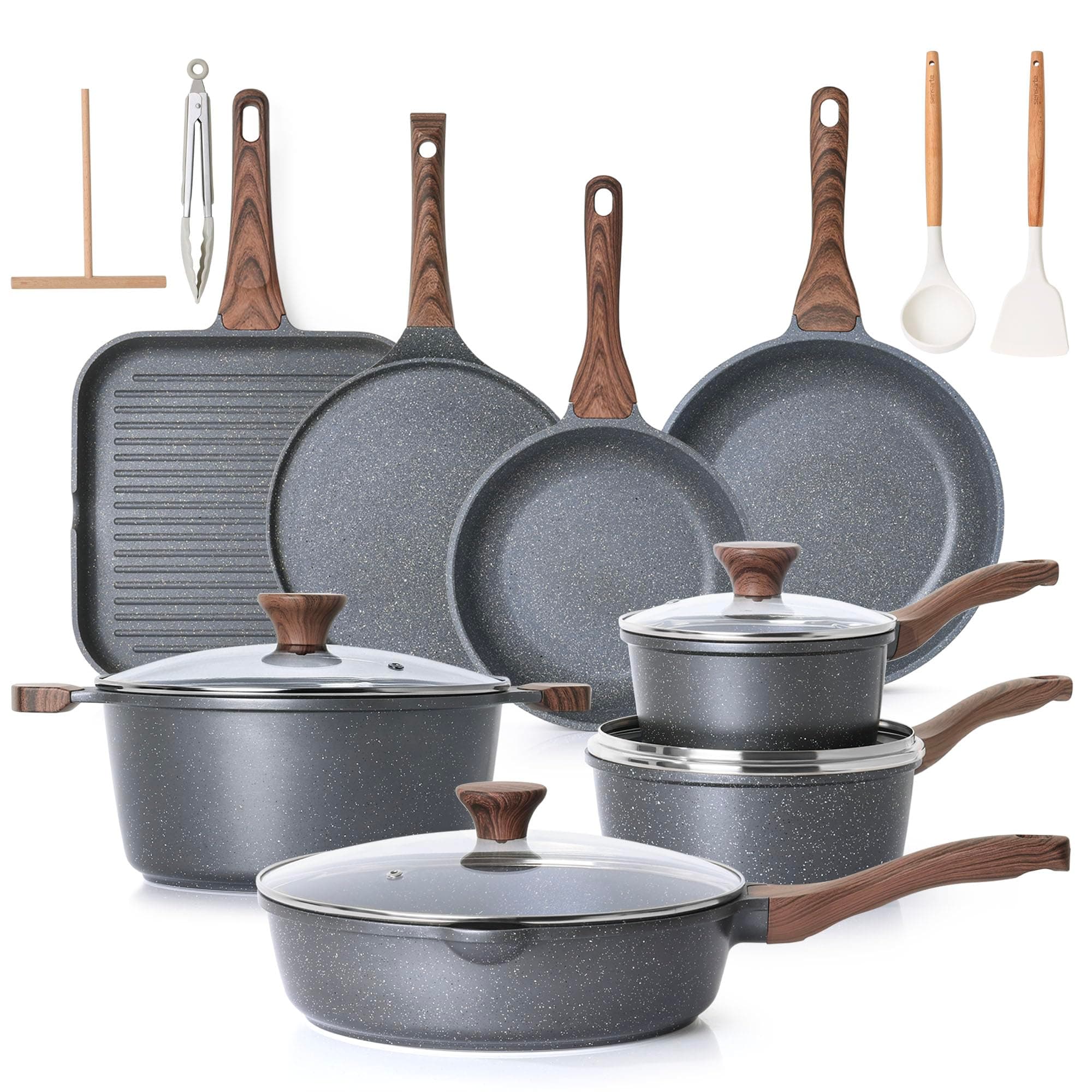 SENSARTE Nonstick Cookware Set 23-Piece, Non Stick Pots and Pans Set with Swiss Granite Coating, Healthy Kitchen Cooking Set, Stay-Cool Handles