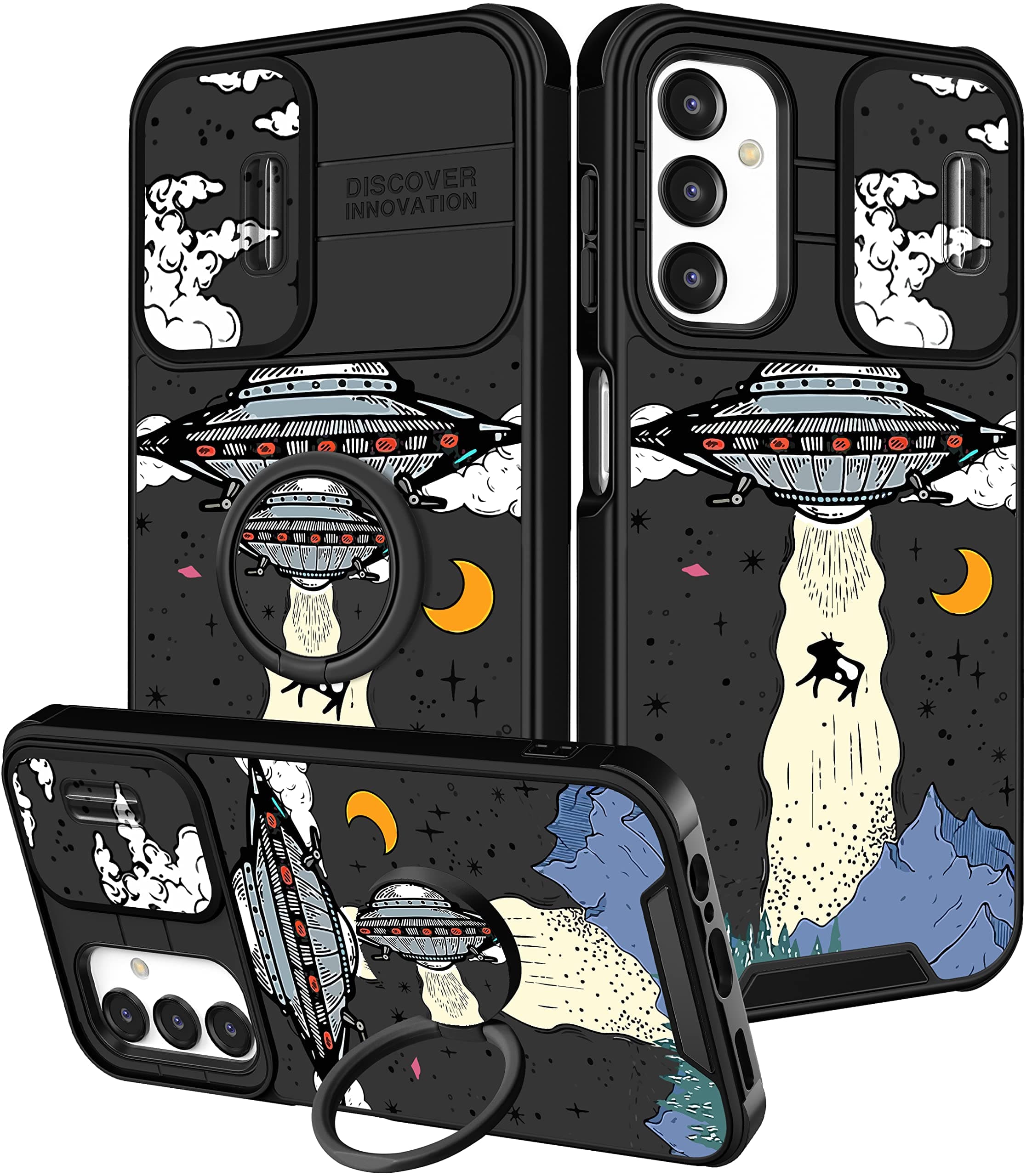 Funermei for Samsung Galaxy A14 5G Phone Case - Women Cute Girls Cover Alien Fun Funny Girly Kawaii Aesthetic Cool Black Design with Camera Cover Ring Stand for Galaxy A14 5G Case