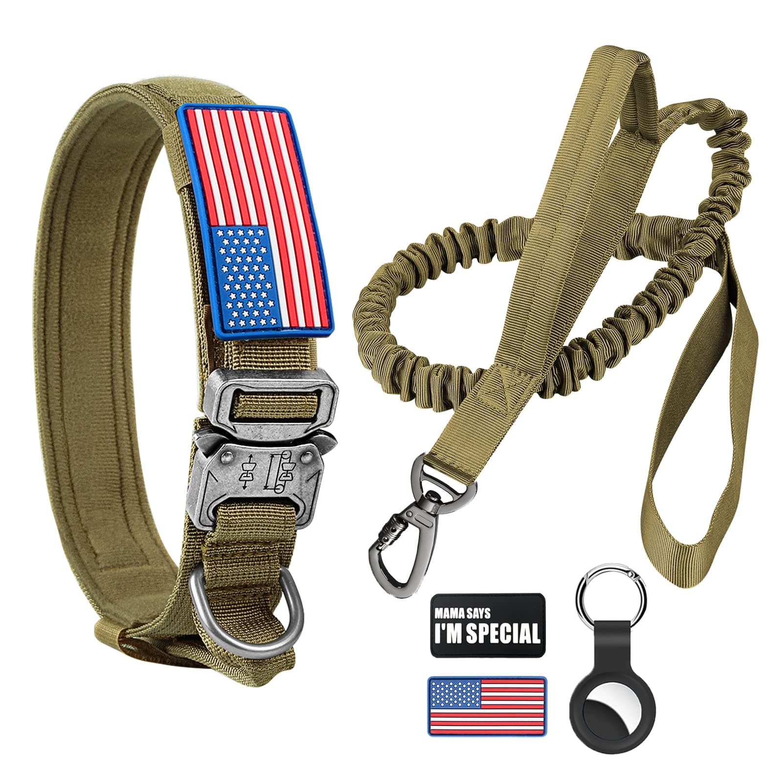 Tactical Dog Collar and Bungee Leash Set, Adjustable Military Training Nylon Dog Collar with Controll Handle and Heavy Metal Buckle，with USA American Flag, Patches and Airtags Case (M, Brown)