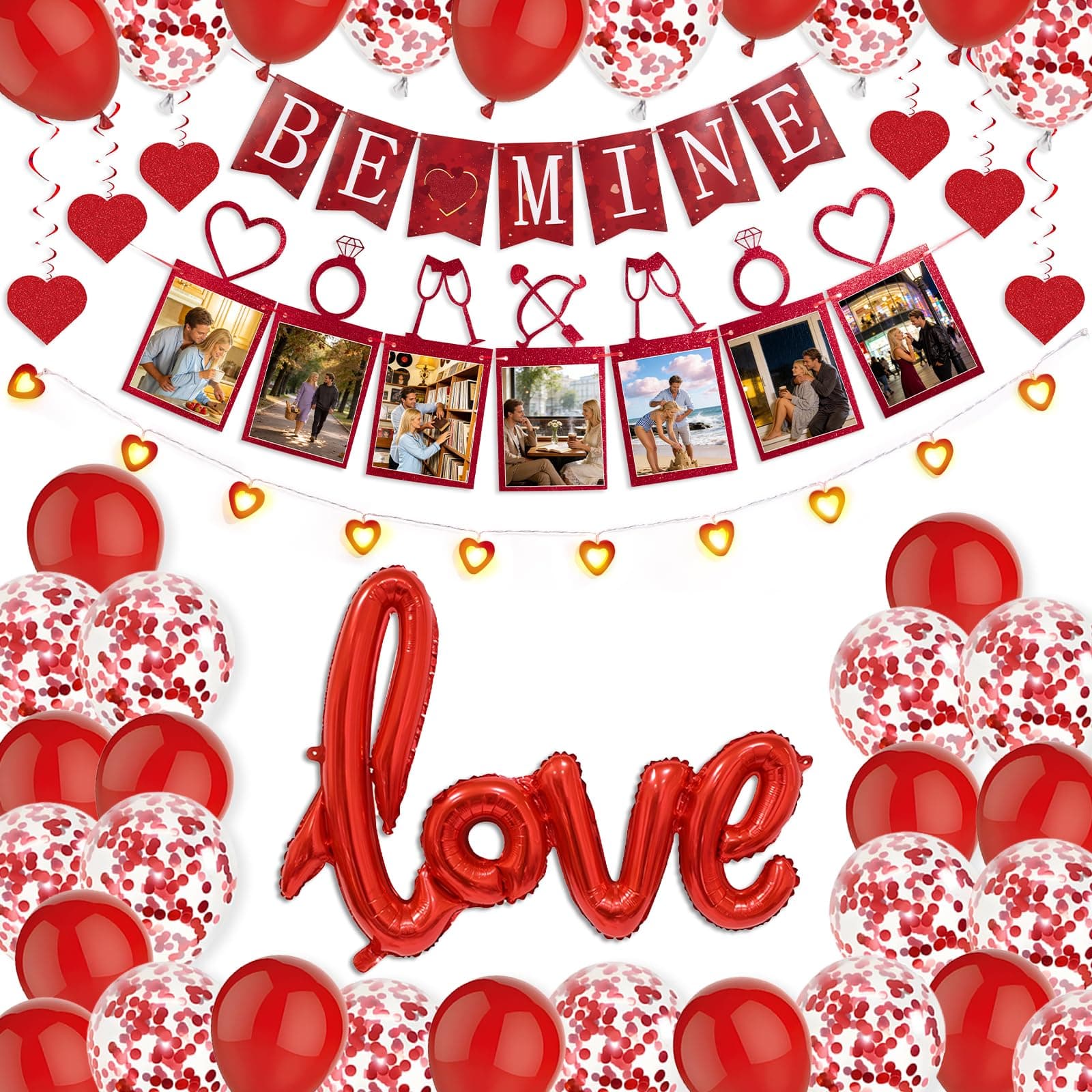 Valentines Decorations Set with Large Love Balloons, Be Mine Banner, Photo Banner, Red Balloons, Heart Hanging Swirls, for Valentines Day Party Decorations Wedding Proposal Anniversary Decor
