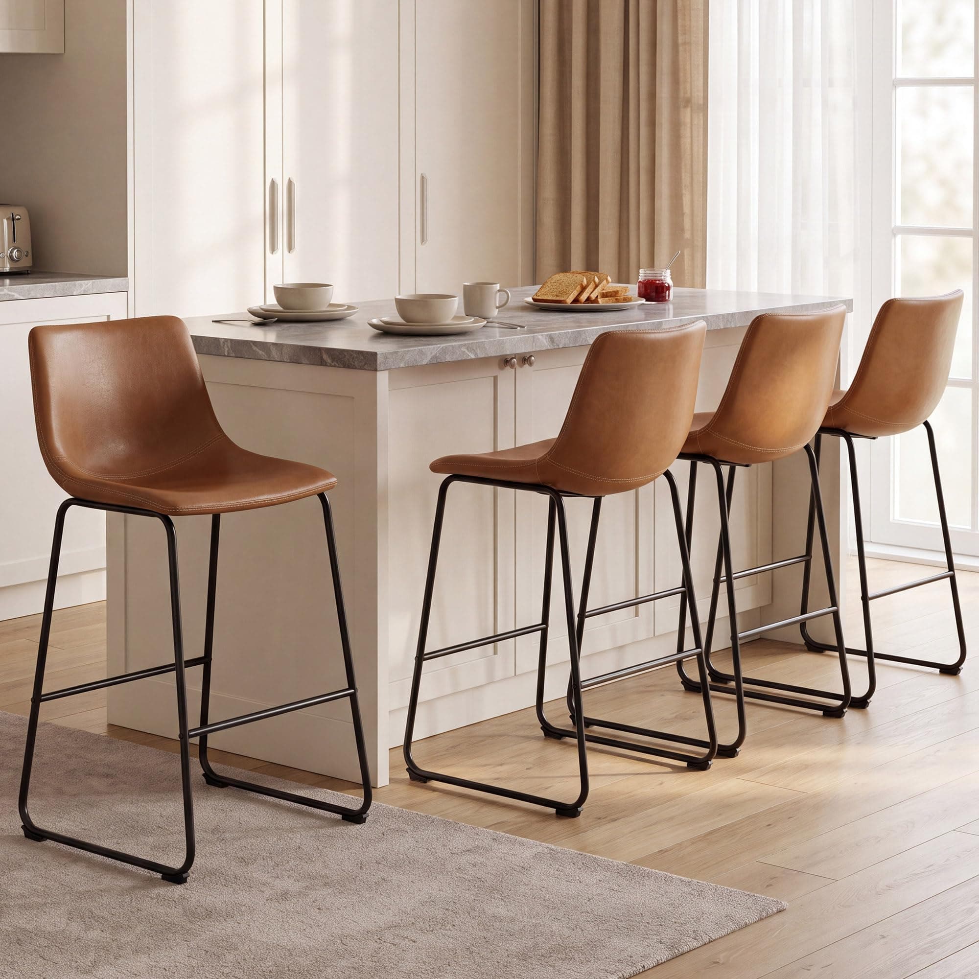 GOTMINSI Bar Stools, 26 Inch Modern Counter Height Barstools, PU Leather Bar Stool with Metal Legs and Footrest, Comfortable Armless Counter Chairs with Back for Kitchen Island (Brown, Set of 4)