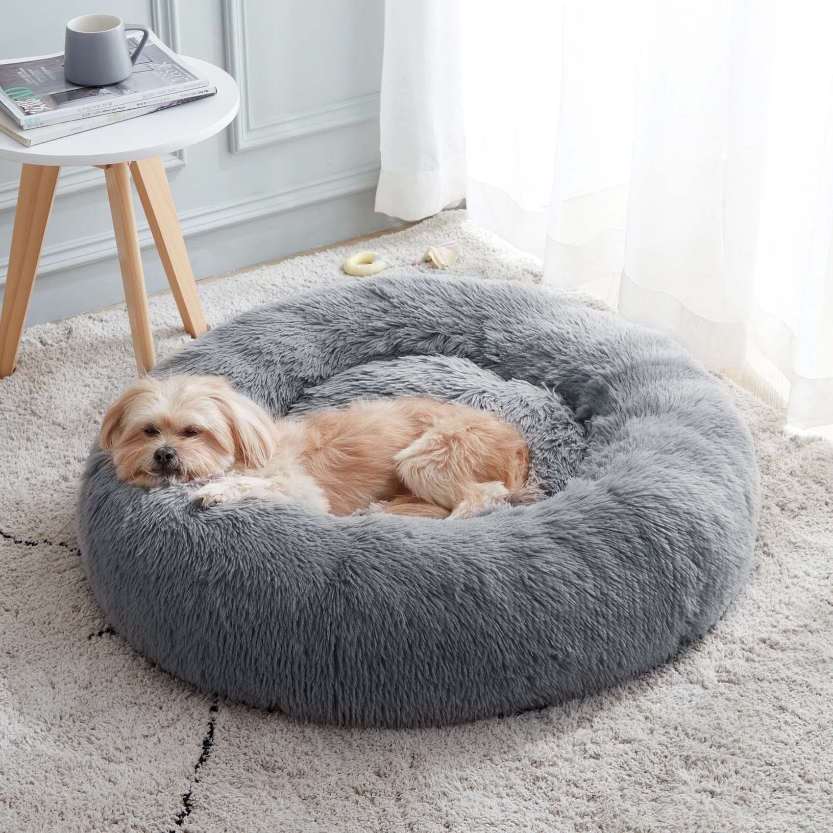 Calming Dog Bed & Cat Bed, Anti-Anxiety Donut Dog Cuddler Bed, Warming Cozy Soft Dog Round Bed, Fluffy Faux Fur Plush Dog Cat Cushion Bed for Small Medium Dogs and Cats (20"/24"/27"/30")