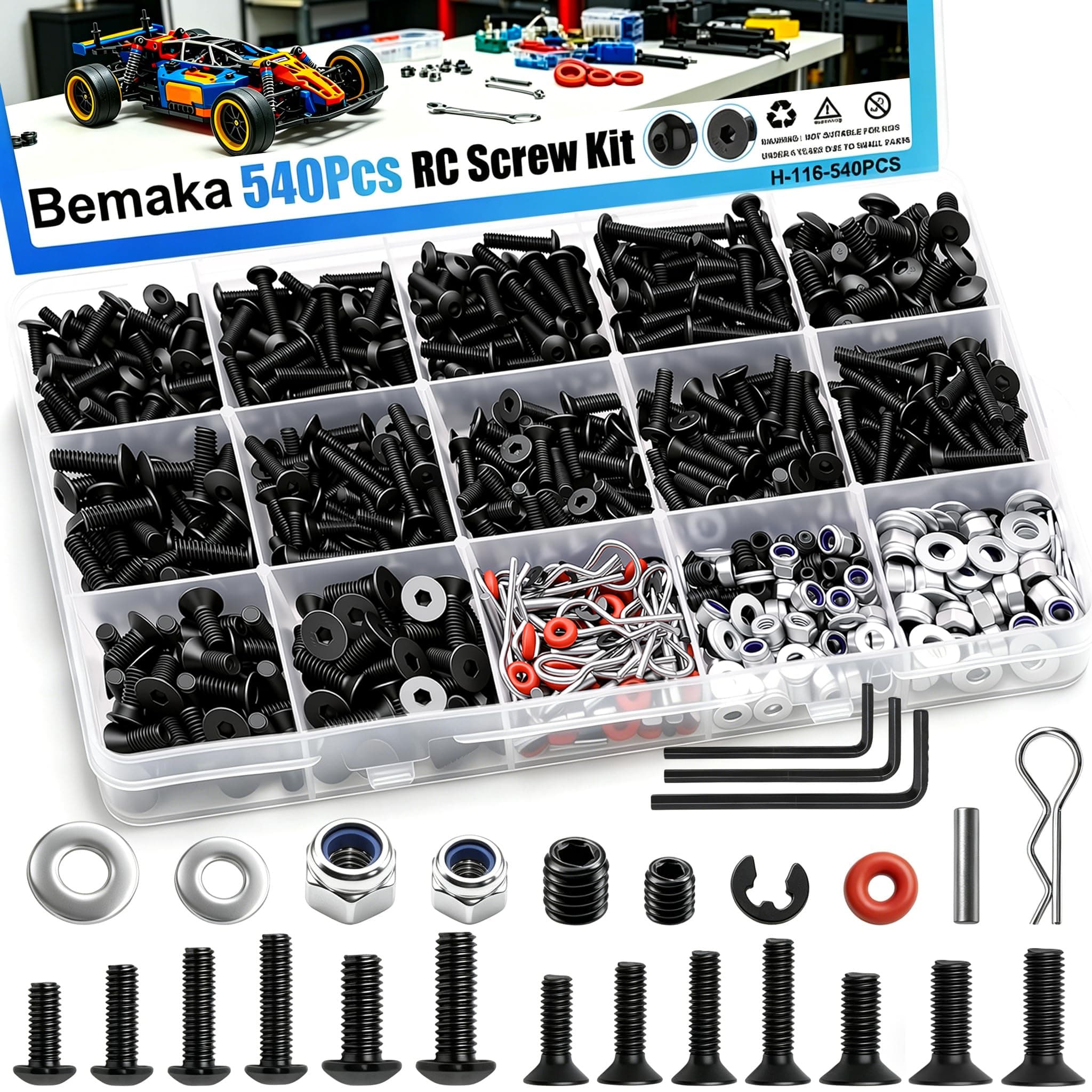 Bemaka 540Pcs Universal RC Screw Kit, Hardware Fasteners Screws Assortment Kit RC Car Accessories for Repairing Trucks Cars Parts