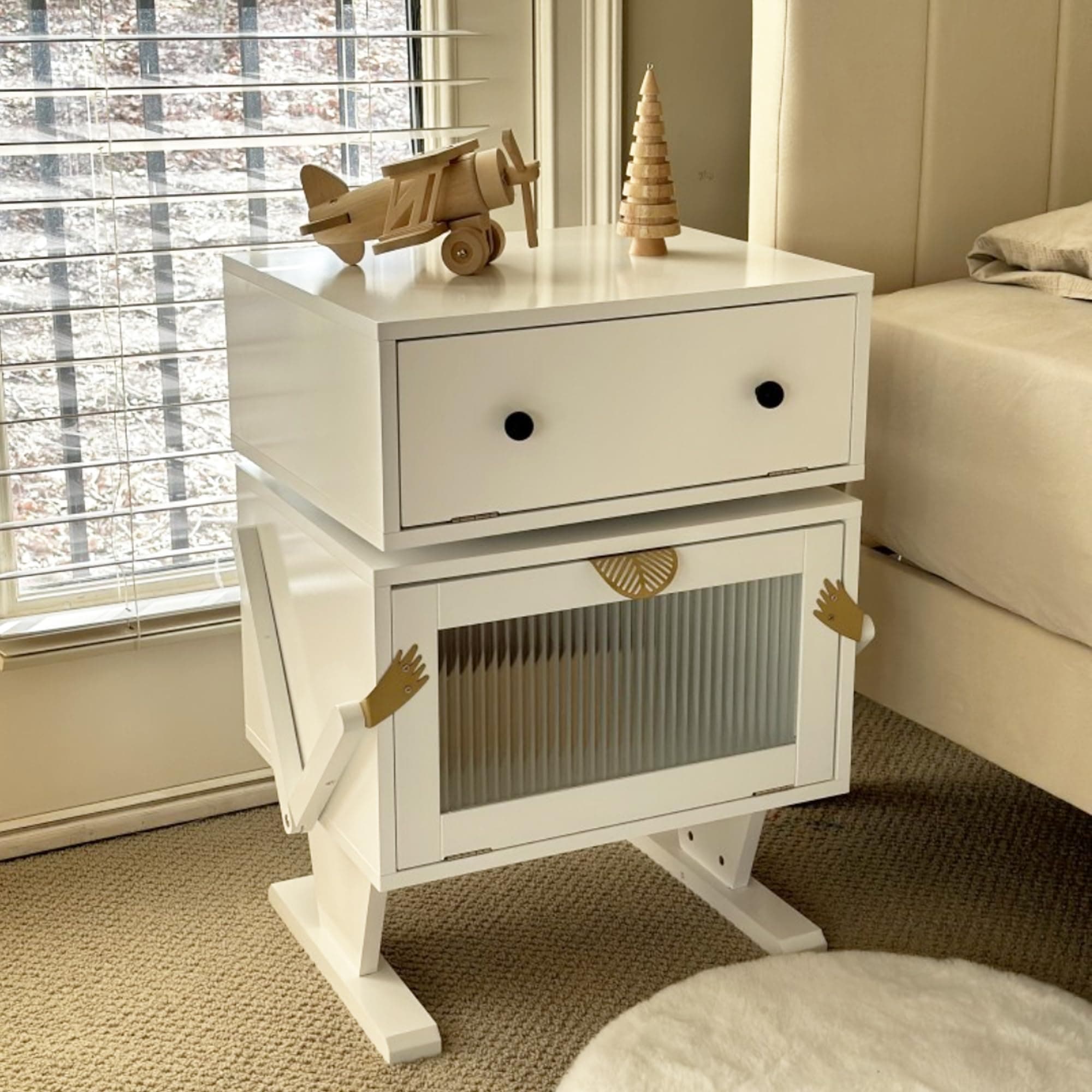 RoyalCraft Nightstand with LED Light Strips, White End Table with 360° Rotating Drawer, Modern Bedside Table with Glass Door Storage, Wood Night Stand Cabinet for Bedroom, Home Office, White