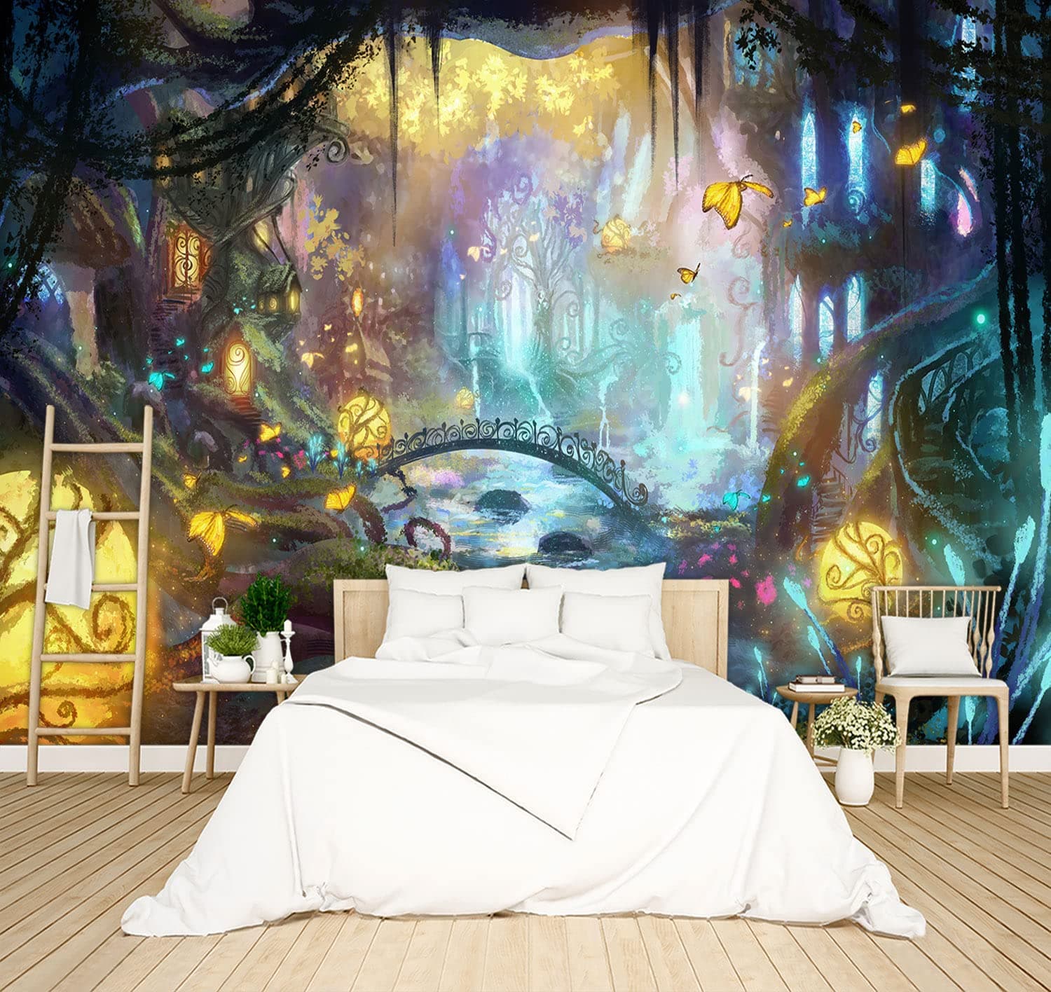 BZHXBZ - Enchanted Forest Backdrop Wallpaper Black and Gold Tree Nursery Kids Bedroom Dream Butterfly murals Boys and Girls Room Decor Home Living Room Large wall Mural - 137"x96" Not Peel and Stick