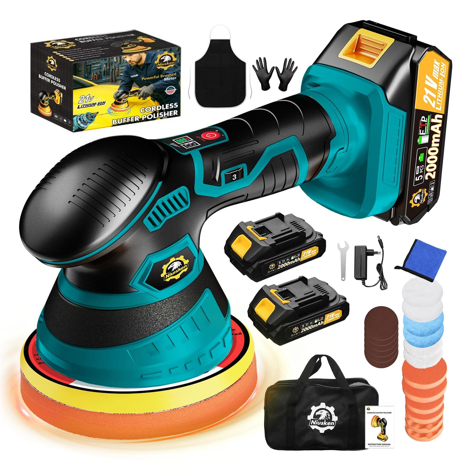 Niusken Cordless Car Buffer Polisher kit, DA Polisher with 2*21V Batteries