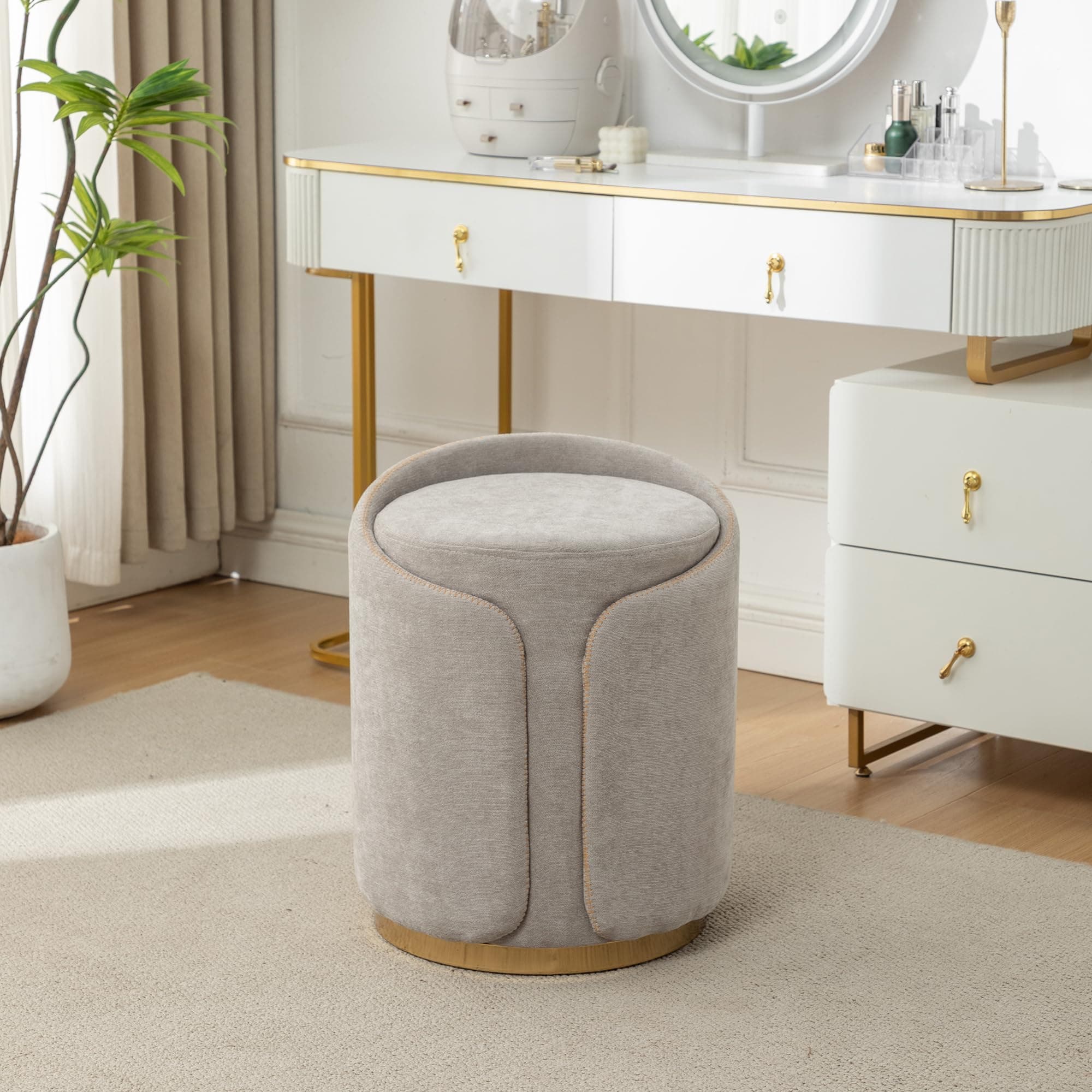 DRKAT Swivel Vanity Stool with Gold Base Comfy Vanity Chair Modern Round Stool for Makeup Vanity Ottoman Foot Rest for Bedroom livingroom (LIGHT GRAY)