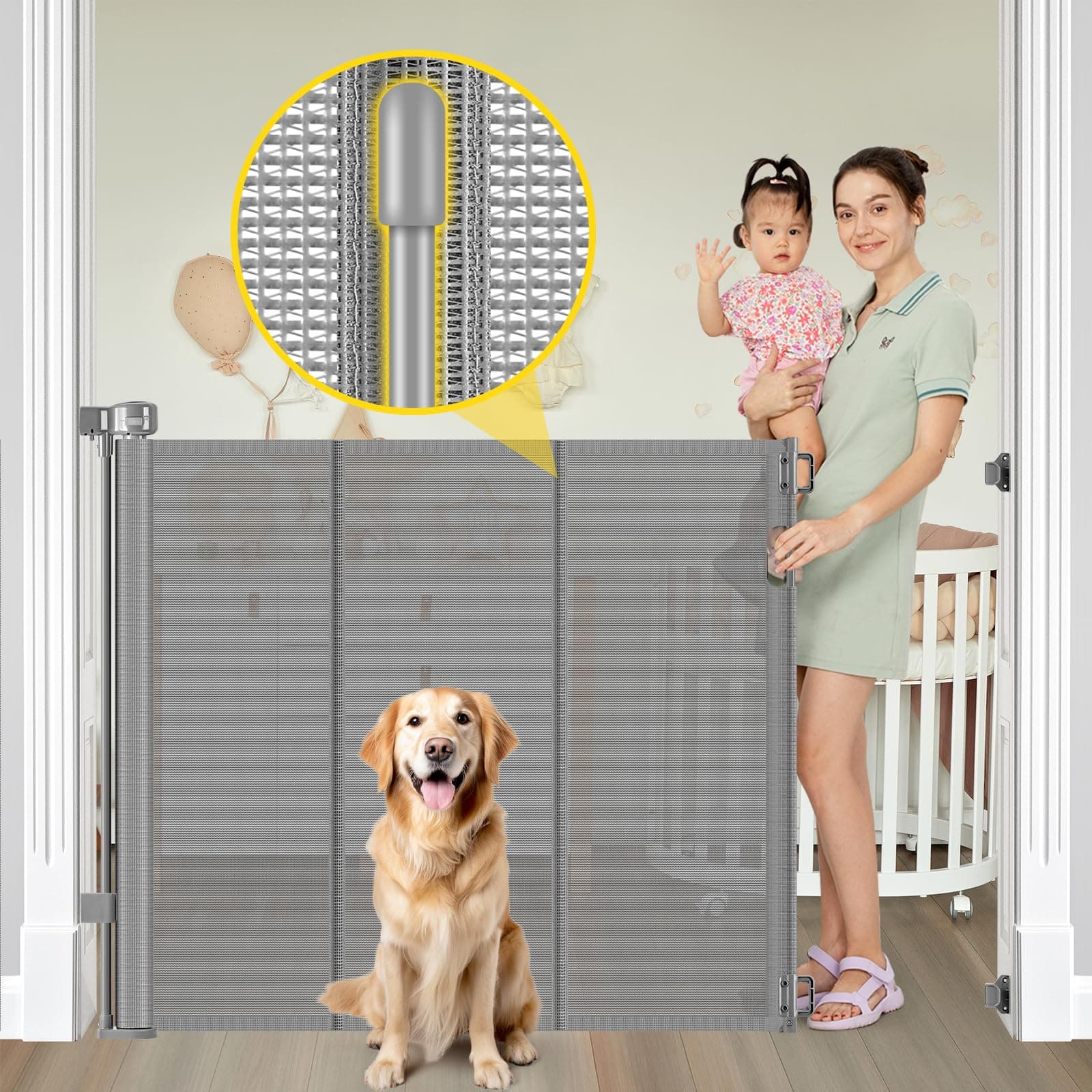 Reinforced 42” Extra Tall Pet Gate for Doorways, Extends up to 60” Wide, Extra Tall Retractable Baby Gates with Rods to Prevent Crawling Through Retractable Mesh Dog Gate Indoor Outdoor, Gray