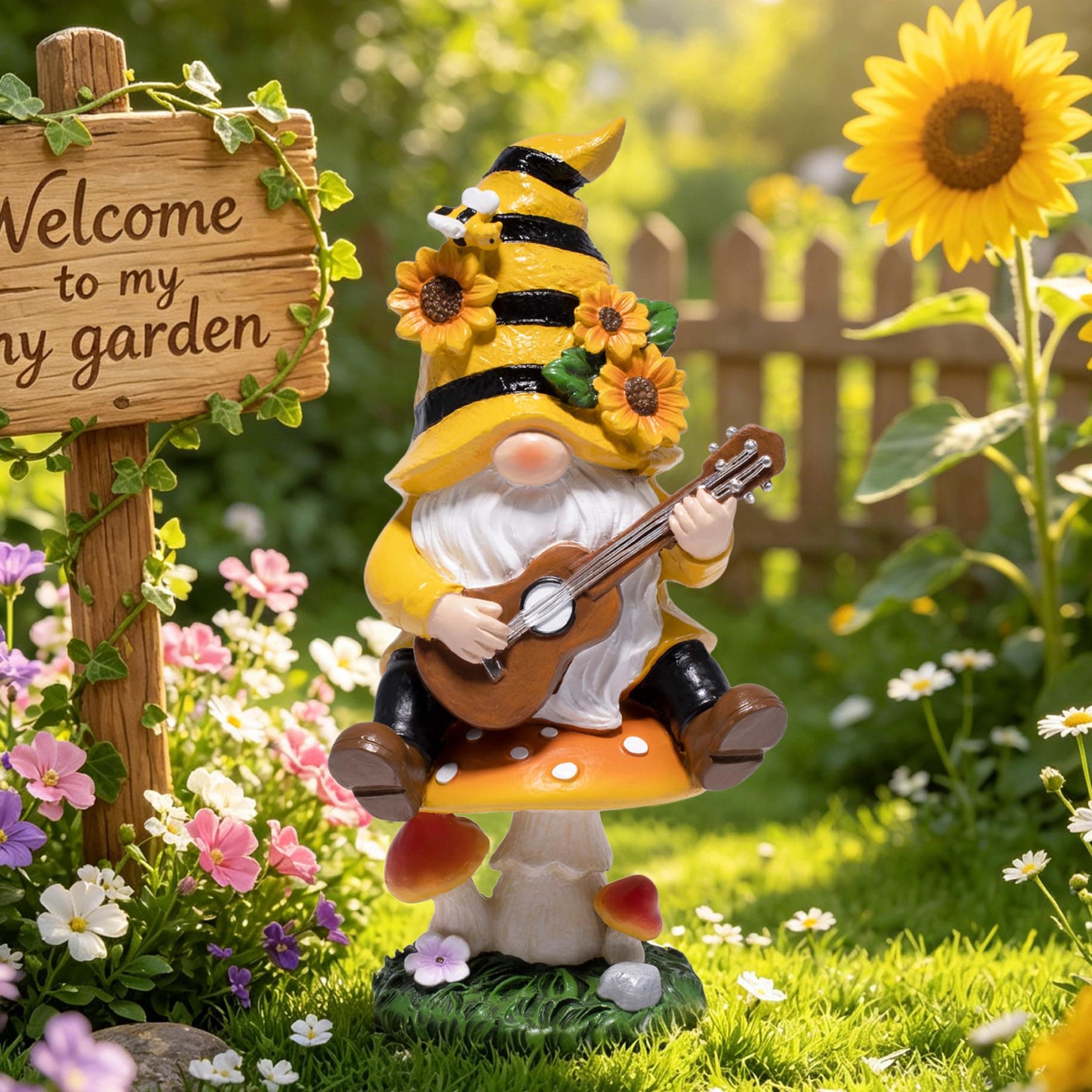 basen Spring Bee Gnome Garden Statue Resin Gnome Figurine with Mushroom Seat and Guitar, Bee Decor for Indoor Outdoor Patio Yard Porch Shelf, Sunflower Home Accent Gift
