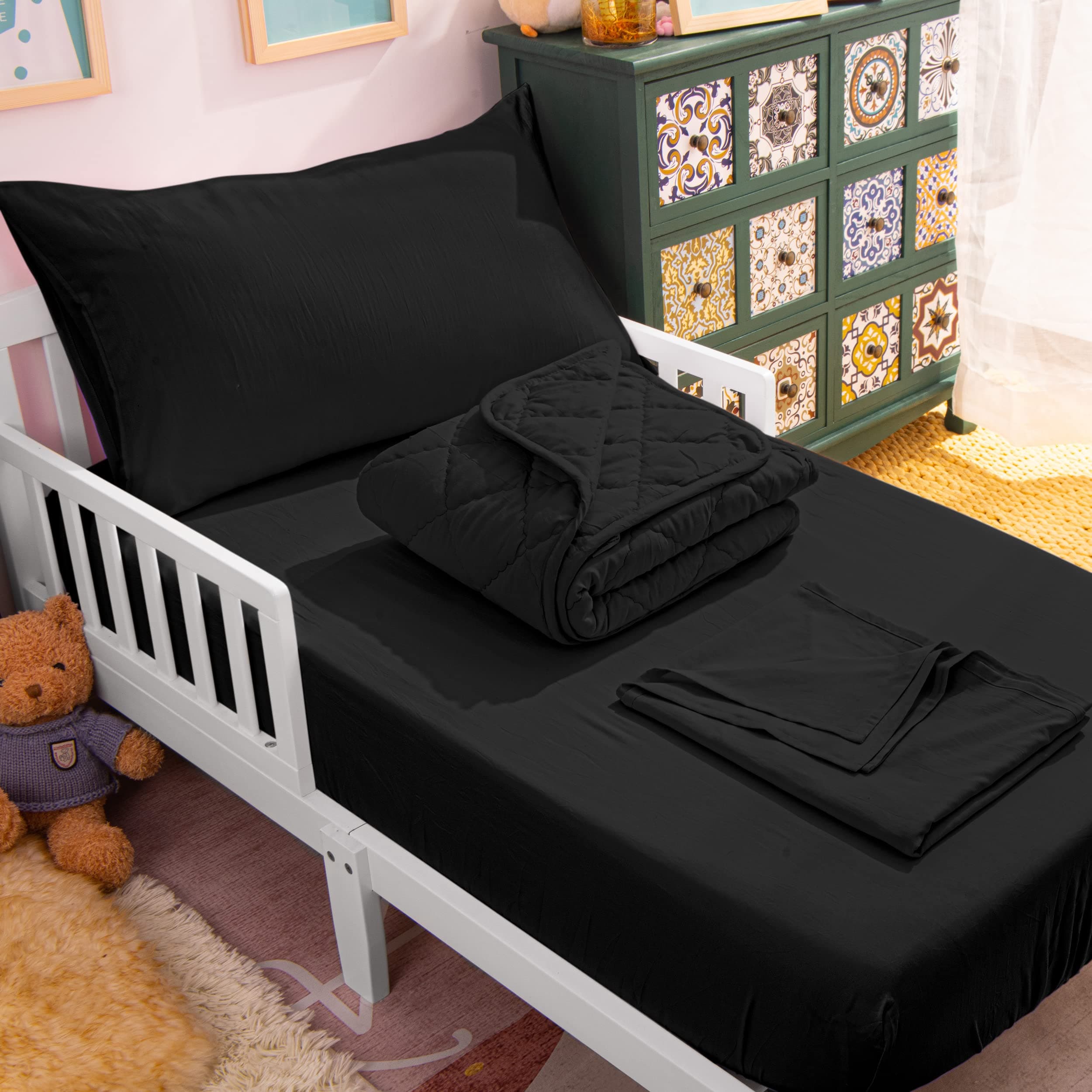 Toddler Bedding Set, 4 Piece Soft and Breathable Crib Bedding Set for Boys and Girls, Bed in A Bag for Kids, Includes Comforter, Fitted Sheet, Flat Top Sheet and Envelope Pillowcase, Black
