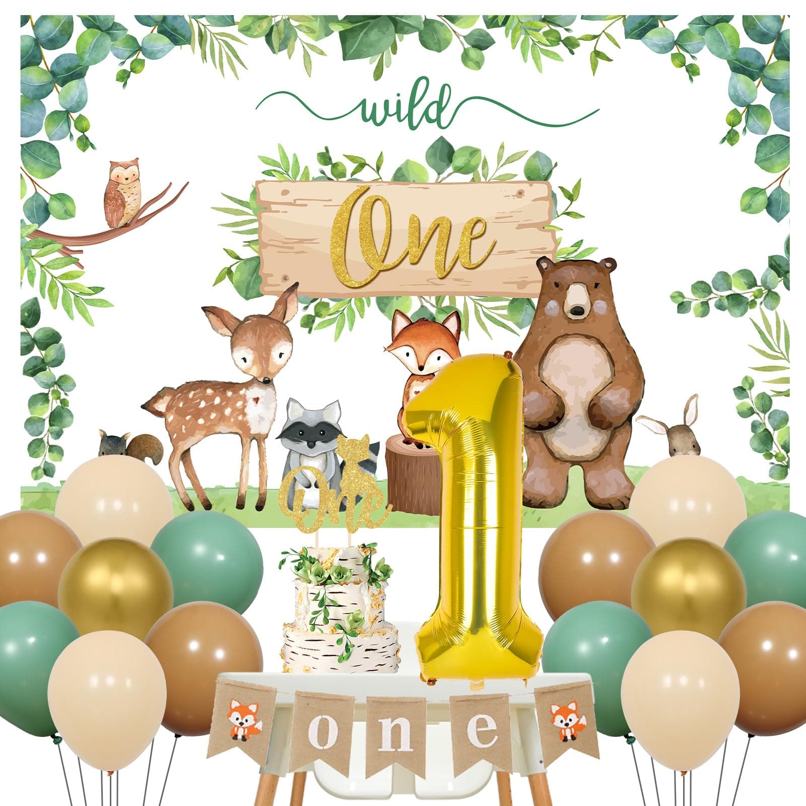 Woodland Animals1st Birthday Decorations Set for Boys or Girls, Forest Themed Wild One Balloons Backdrop Highchair Banner, Woodland Creatures First Birthday Cake Topper Party Supplies