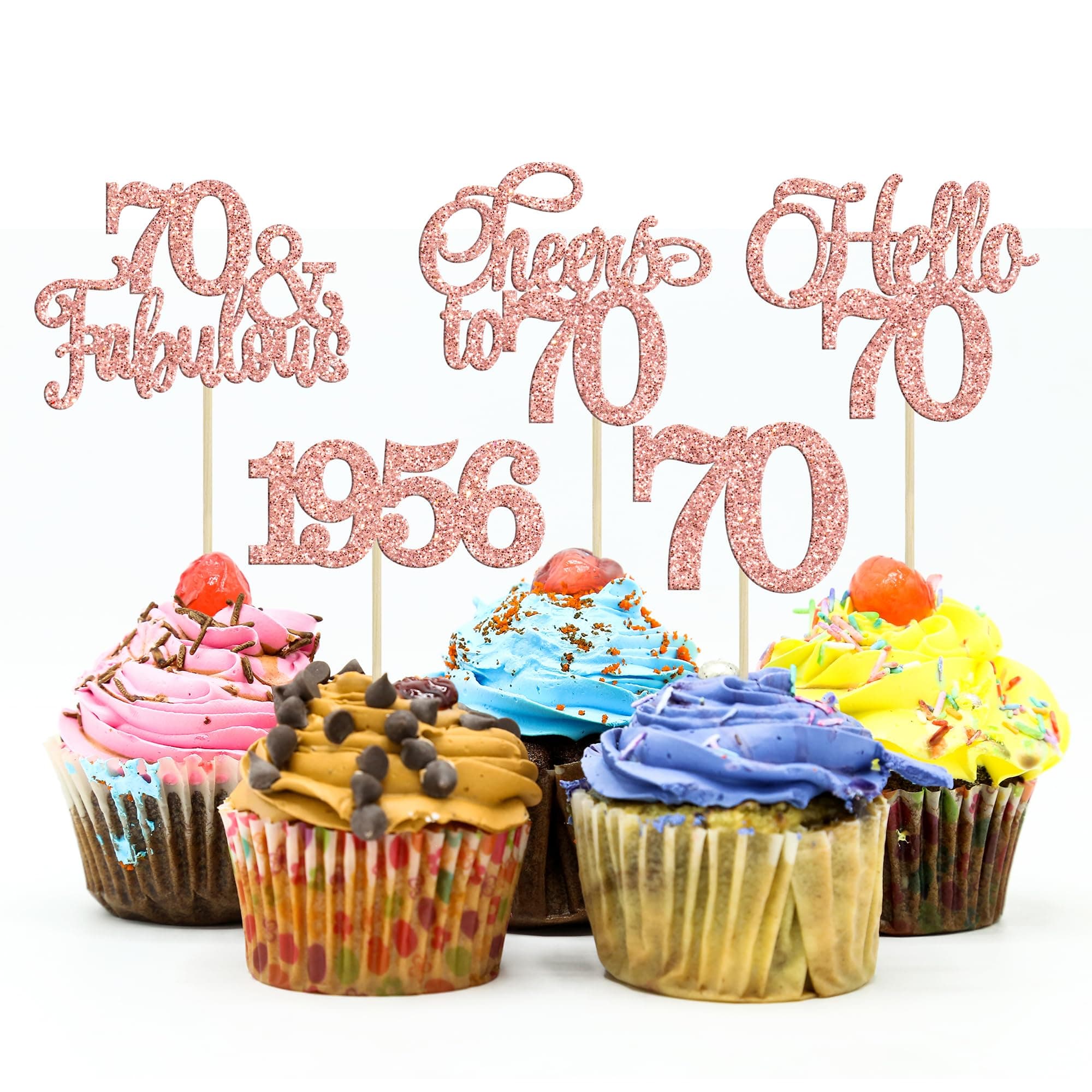 Gyufise 30Pcs 70th Birthday Cupcake Toppers 70 Fabulous Cupcake Picks Cheers to 70 1956 Cake Decorations for Happy 70th Birthday Wedding Anniversary Party Decoration Supplies Rose Gold