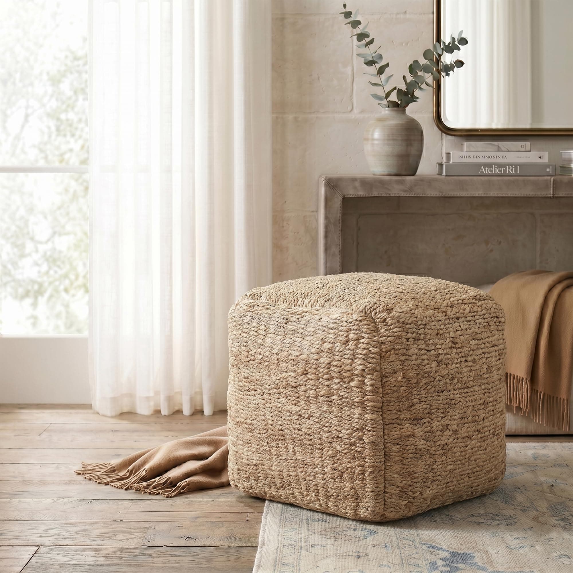 Harlow Hill LR Home Farmhouse Solid Brown Square Indoor Pouf Ottoman for Home Decor | Hand-Made Farmhouse Foot Rest for Bedroom & Living Room Decor | 18 x 18 x 18 Stuffed Ottoman for Seating