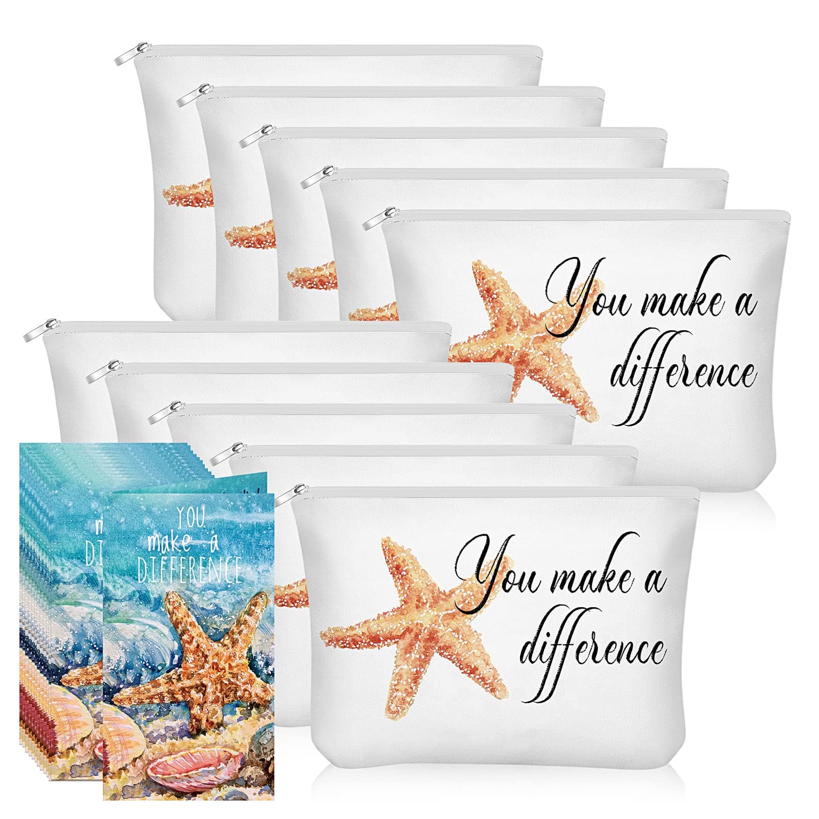 10 Pcs Inspirational Gifts Cosmetic Bags You Make a Difference Gift Pouch with Starfish Motivational Cards Appreciation Makeup Bags with Zipper for Women Employees Assistant Secretary Teacher Nurse