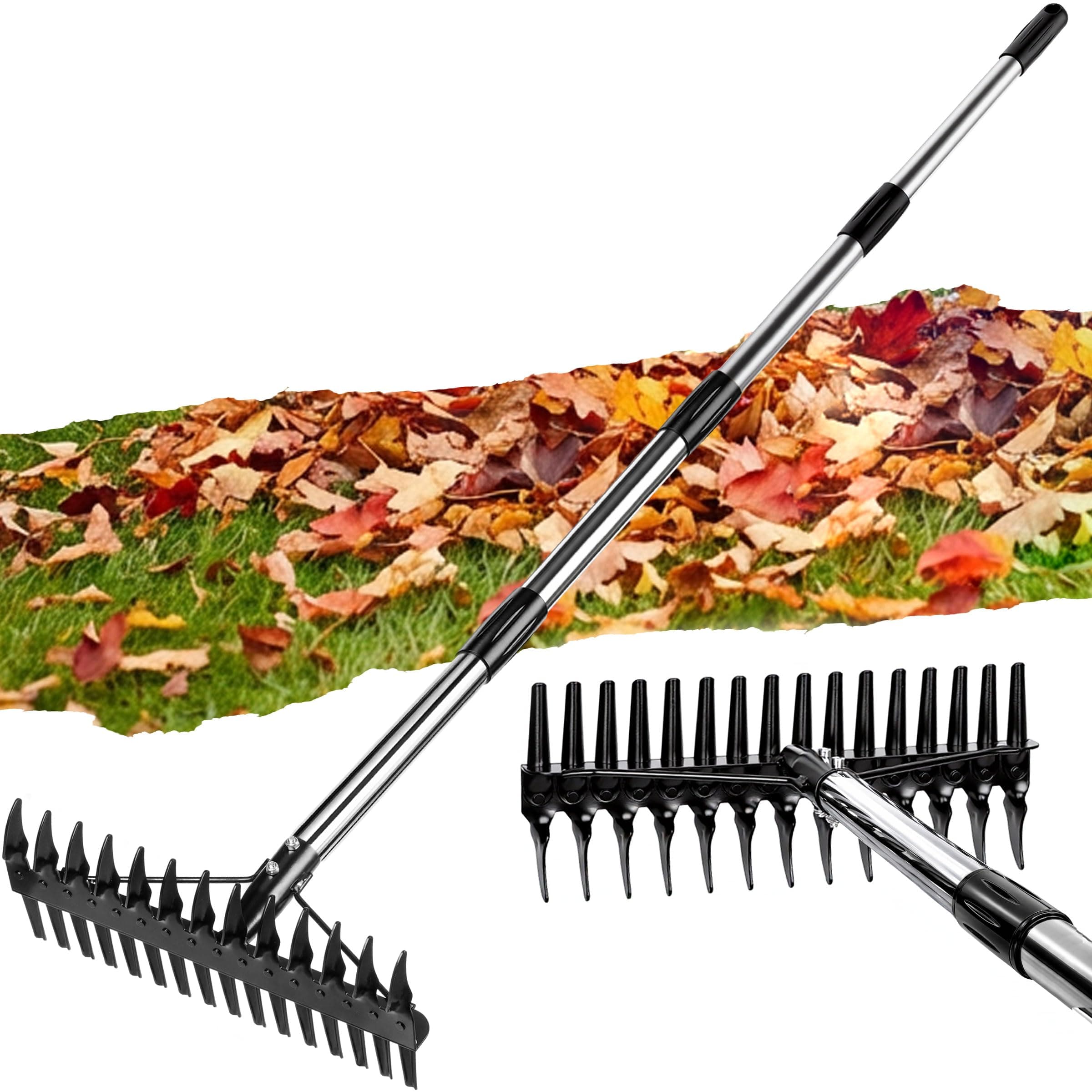 Thatch Rake for Lawns 36-63'' Stainless Steel Adjustable Handle for Dethatching & Aeration Heavy Duty Landscape Garden Leaf Dethatcher Rake for Soil Preparation Upgraded Dual-Action Tines