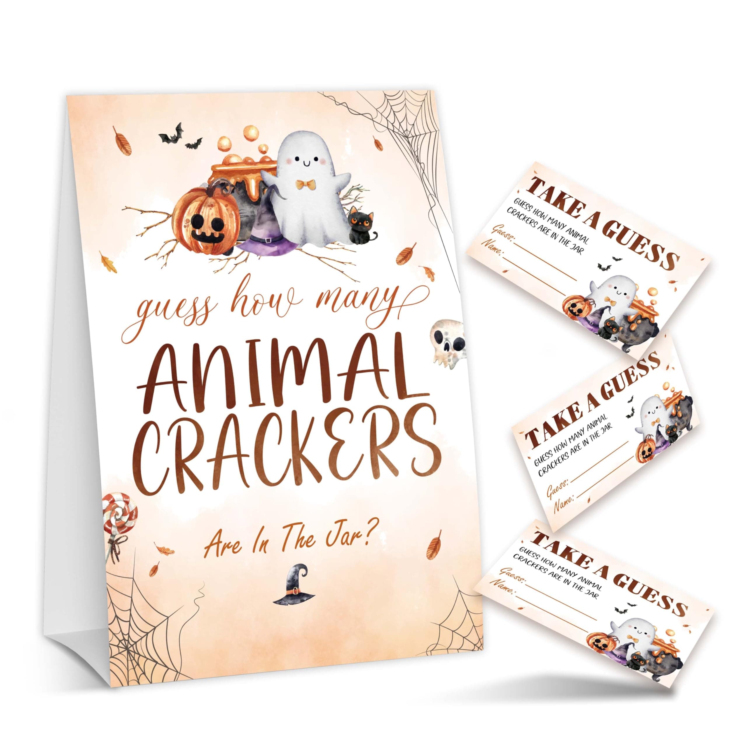 HJLLOQR Halloween Baby Shower Games, Hilarious Guess How Many Animal Crackers for Pumpkin Gender Reveal Party Supplies Decorations, 1 Standing Sign + 50 Tickets - A08