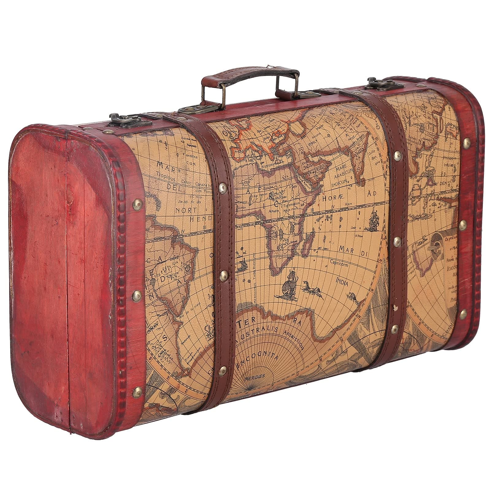 Aoresac Vintage Wooden Suitcase with Map Design – Retro Portable Storage Chest, 14.8"x9.1"x5.3"