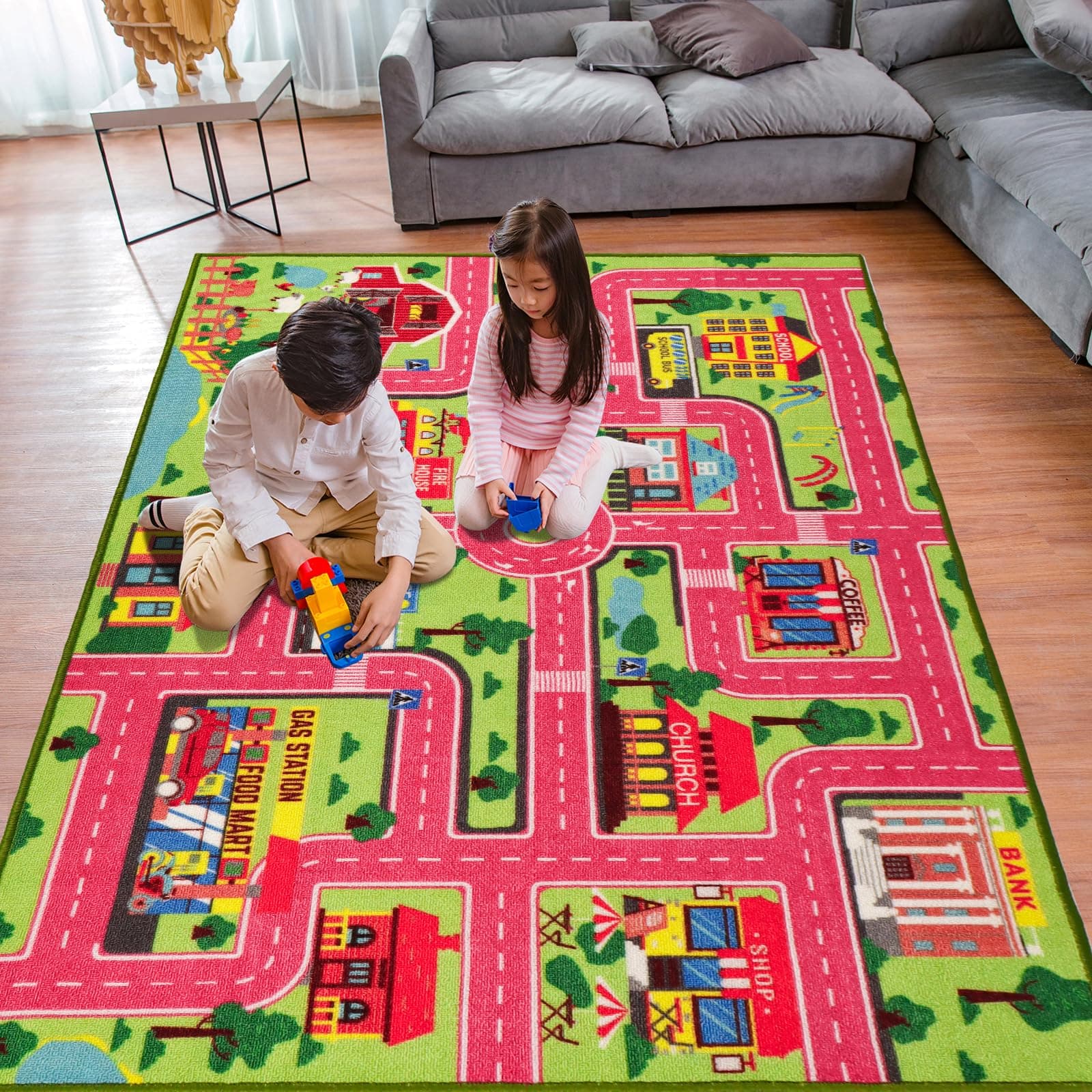 Mfmiudole Kids Carpet Car Play Rug, Kid Play Rugs for Playroom, Town City Road Map Mat, Extra Large Boys Car Track Carpet for Playroom, Bedroom, Living Room (Pink, 150X100 CM)
