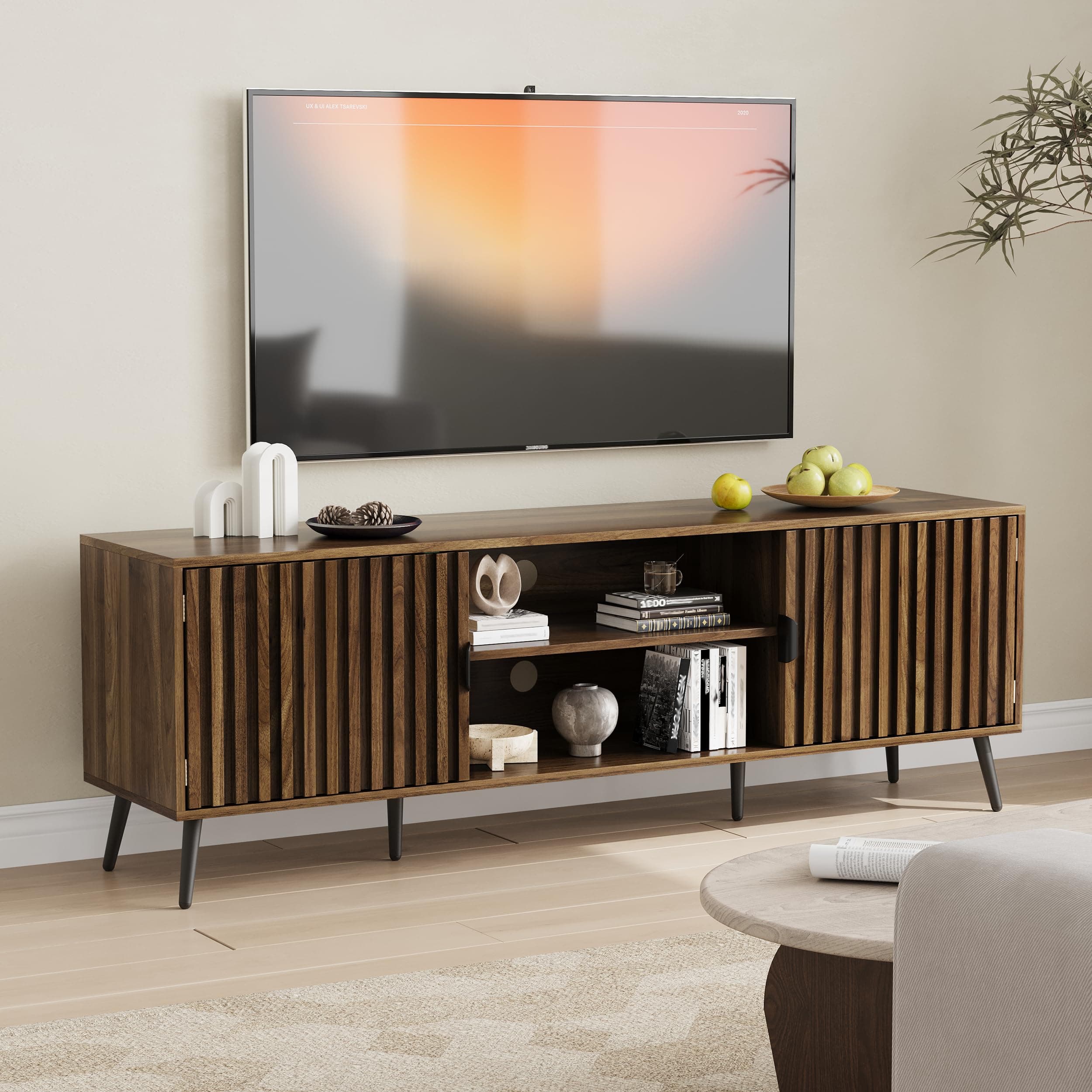 Smart FENDEE 63-Inch TV Stand for TVs up to 70 Inch, Mid-Century Modern Television Stand, Entertainment Center with Fluted Doors Cabinets and Open Shelves for Living Room, Walnut
