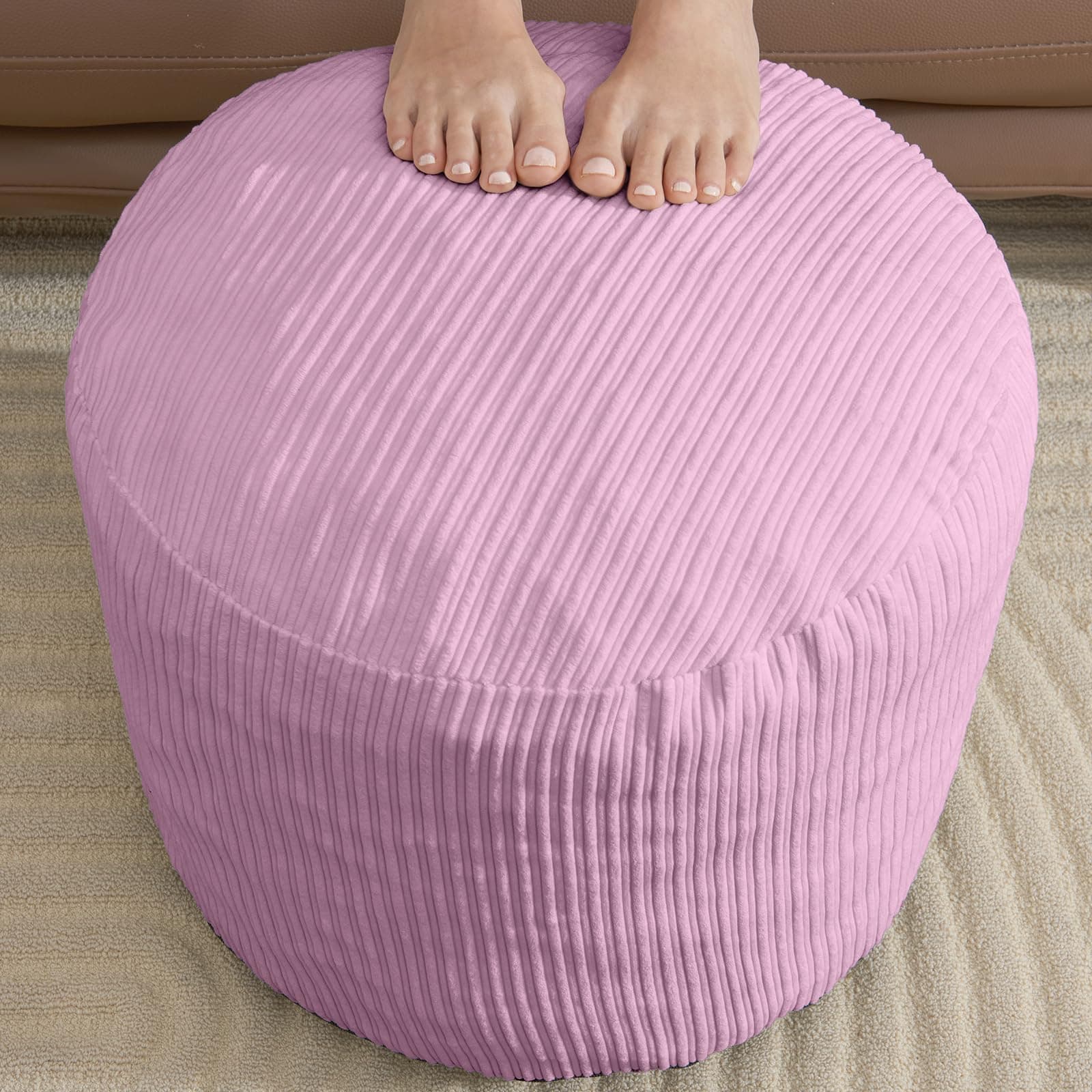 WSOFRLAC Pink Pouf Ottoman, Corduroy Round Foot Stools Ottomans, 26x18in