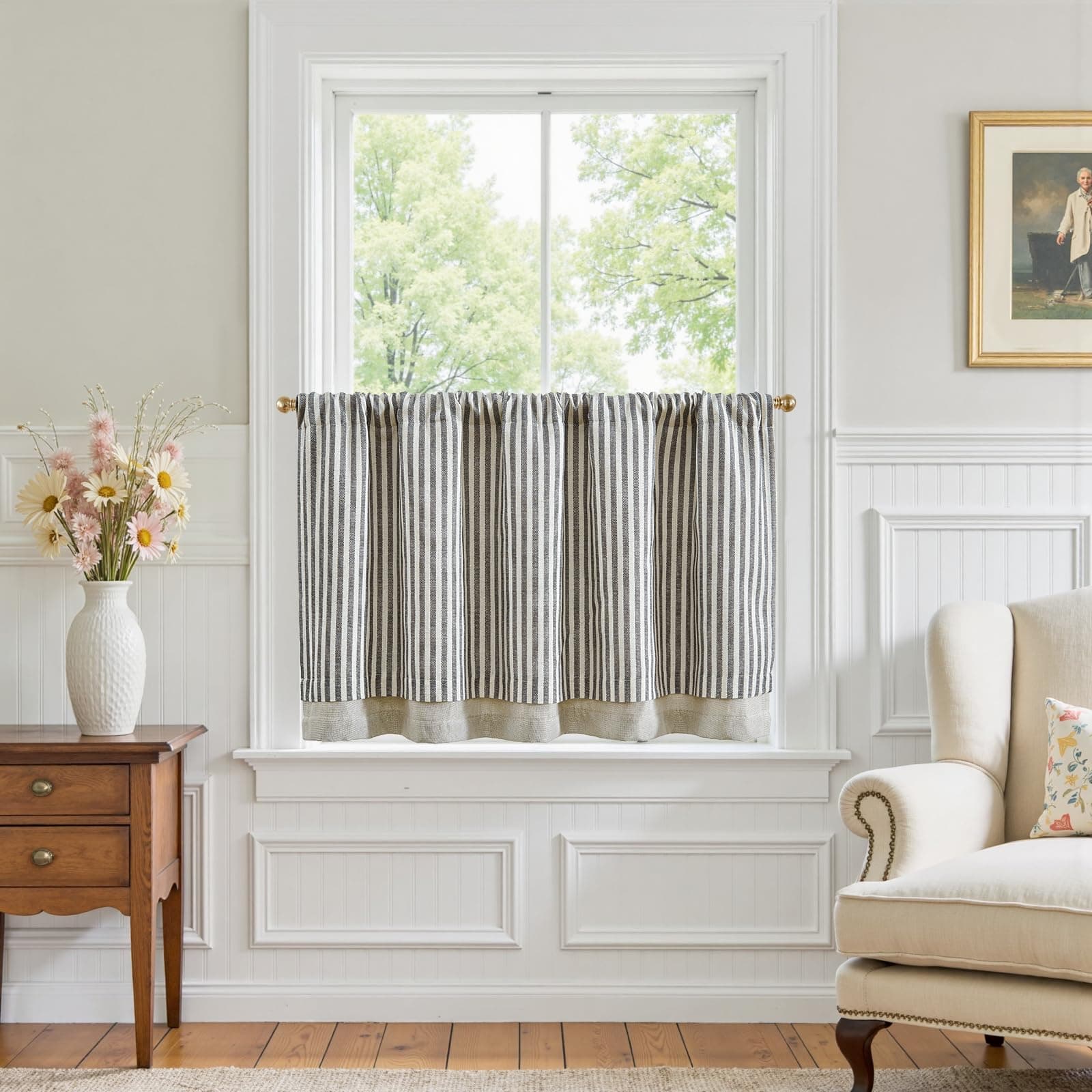 jinchan Double Layer Striped Linen Kitchen Tier Curtain Rustic Cafe for Living Room Bathroom Half Window Curtain Light Filtering Rod Pocket 1 Panel 24 Inch Charcoal Grey