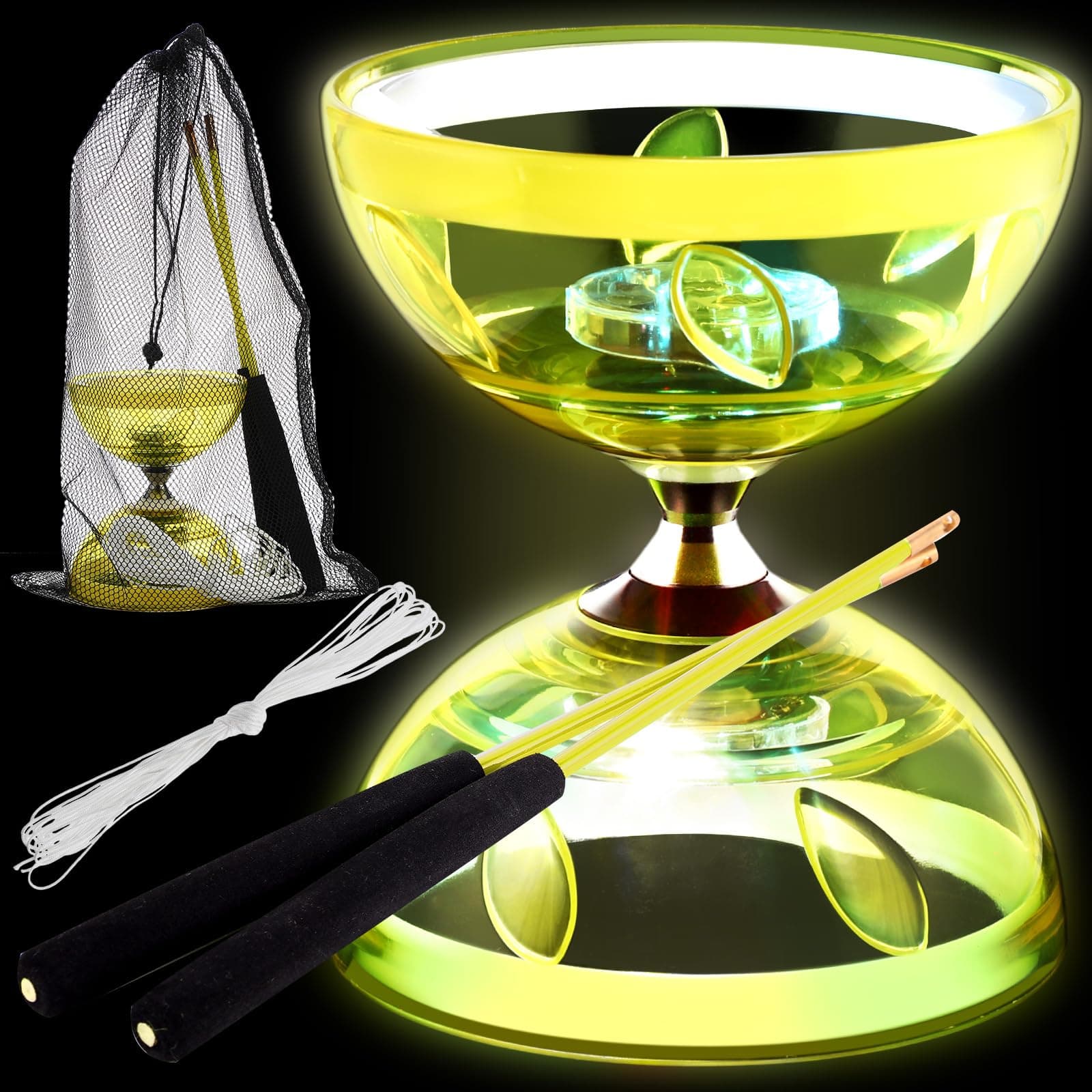 Simgoing Chinese Yoyo LED Diabolo Set Includes Colorful Diabolo Toy Light up Professional Yoyo with 2 Pieces Sticks, 1 Piece String, 1 Net Bag for Fun(Yellow)