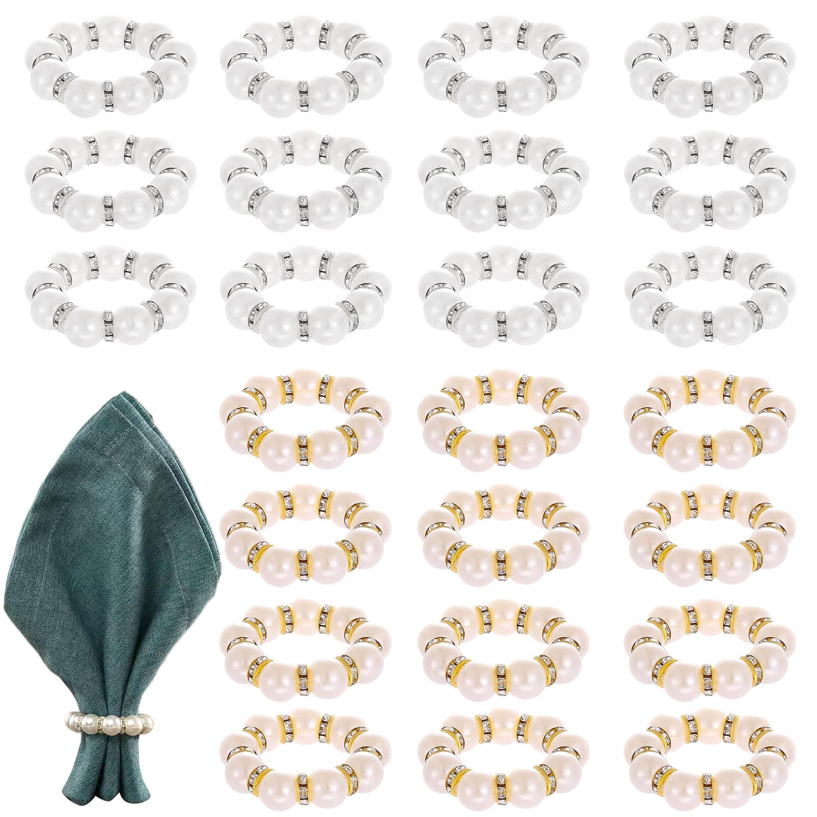 24 PCS Gold Napkin Rings, Imitation Pearl Napkin Rings Napkin Holder Elegant White&Gold Beaded Napkin Ring for Formal Dinner Reception Party Banquet Table Decor