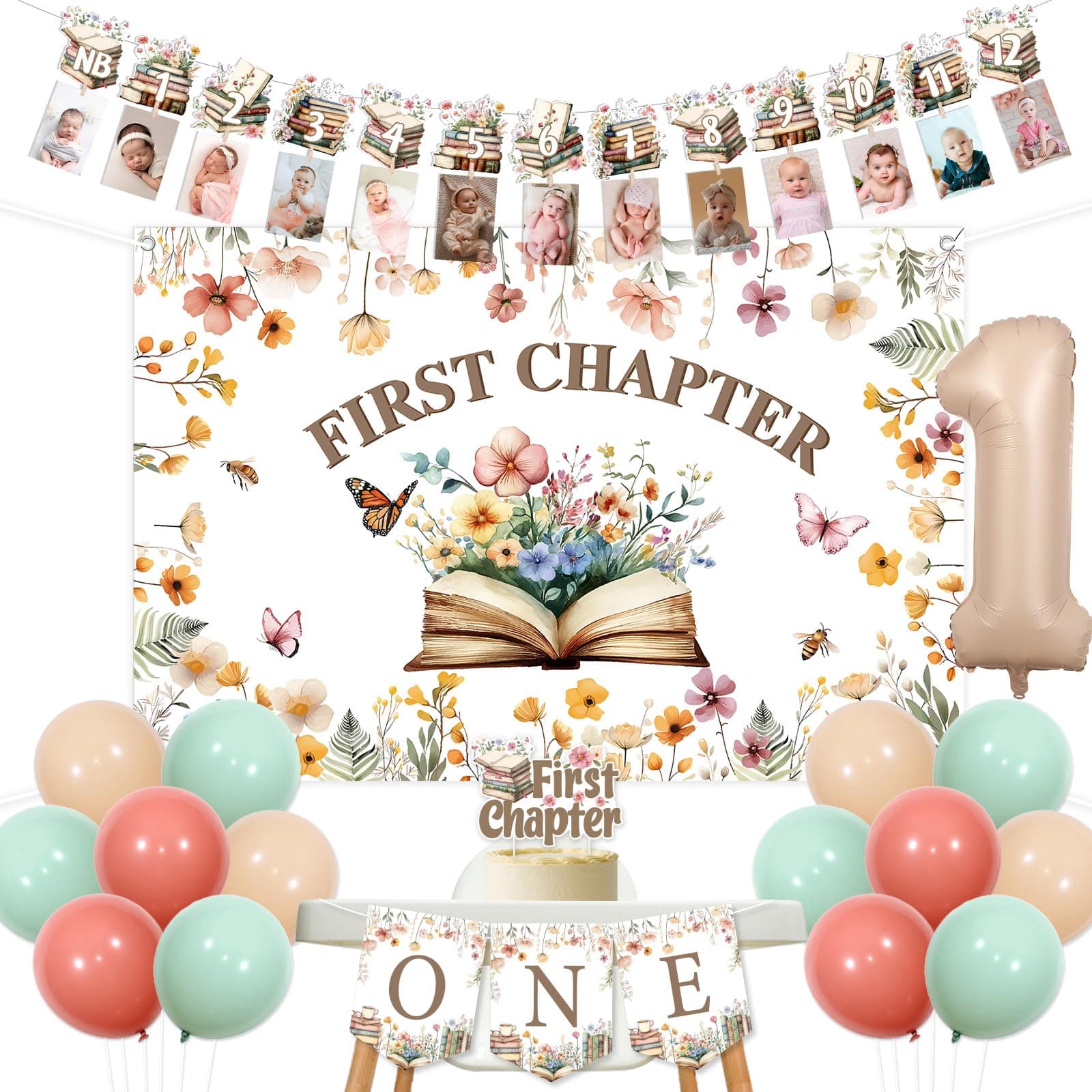 1st Birthday Storybook Story Book Flowers Theme Backdrop Cake Banner Photo Banner Book First Birthday Reading Library Club Back to School
