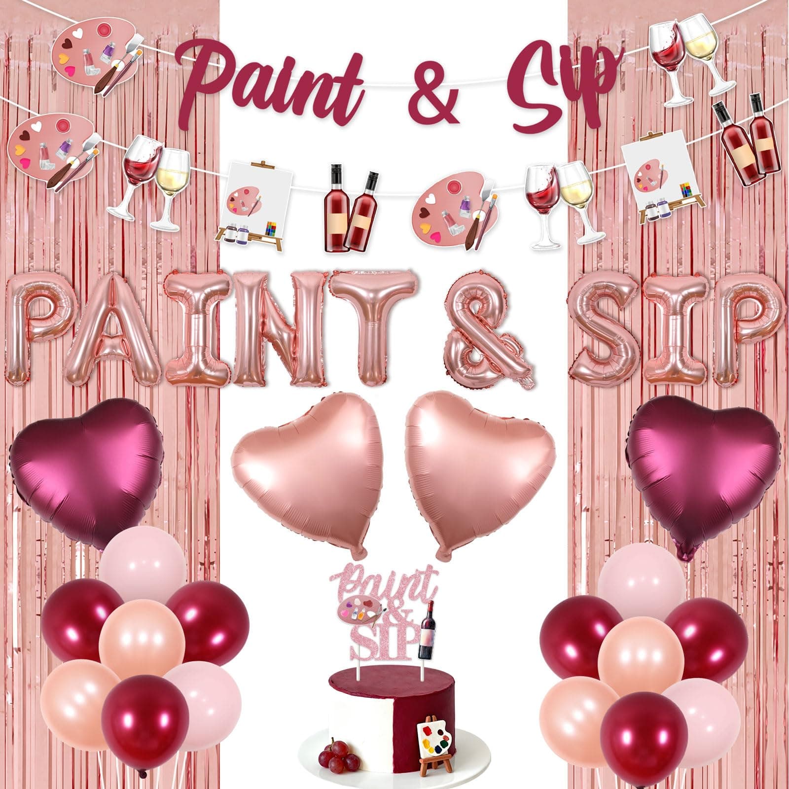 Paint and Sip Party Decorations for Women Girls Paint and Sip Banner Garland Cake Topper Tinsel Curtain Art Painting Bachelorette Decors Artist Wine Date Night Birthday Bridal Shower Party Supplies