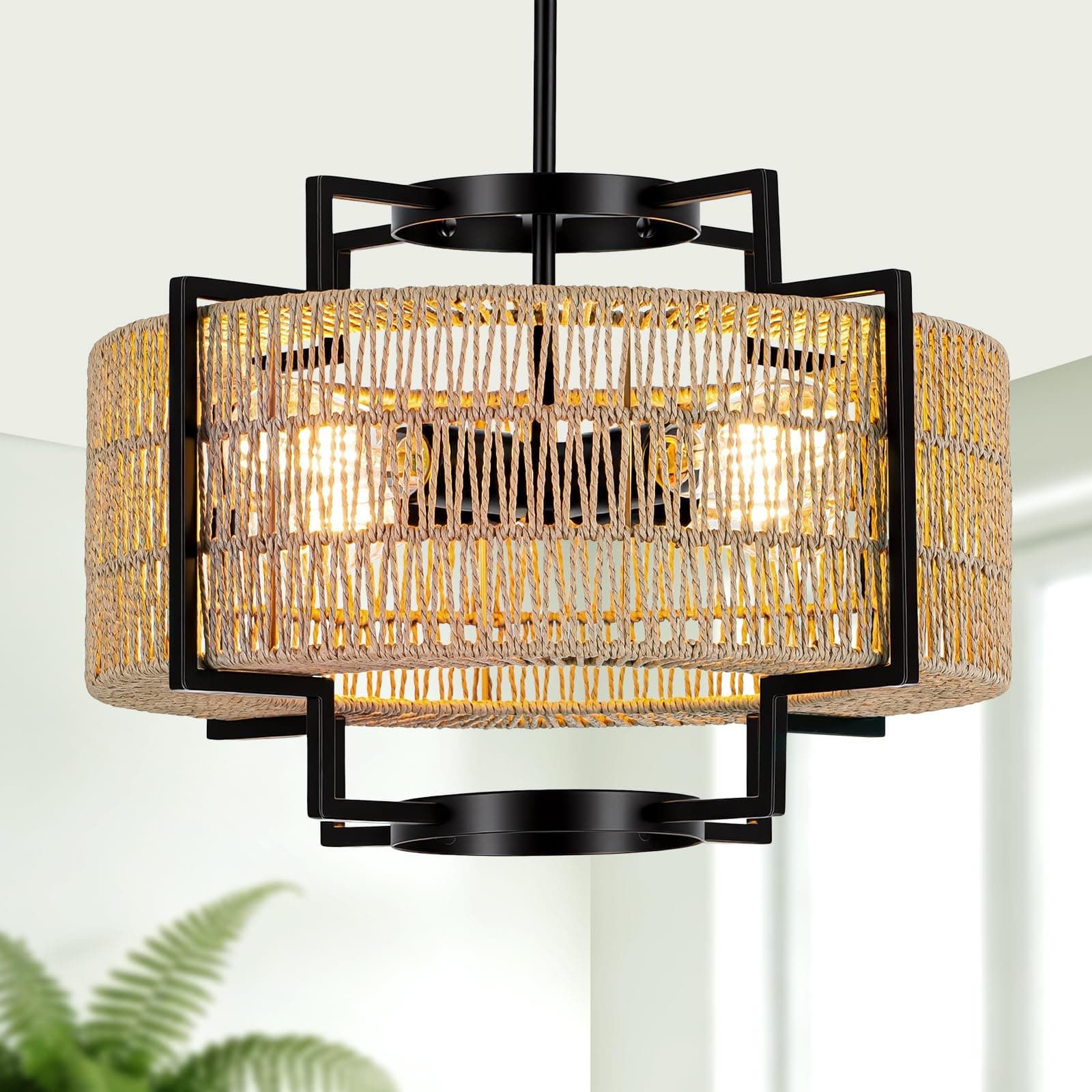 Yoedivu 18 Inch 4-Light Boho Rattan Chandelier, Hand Woven Farmhouse Chandelier Rattan Pendant Light Fixture for Dining Room, Kitchen Island, Hallway, Foyer，Entryway (E26 Bulbs Not Included)