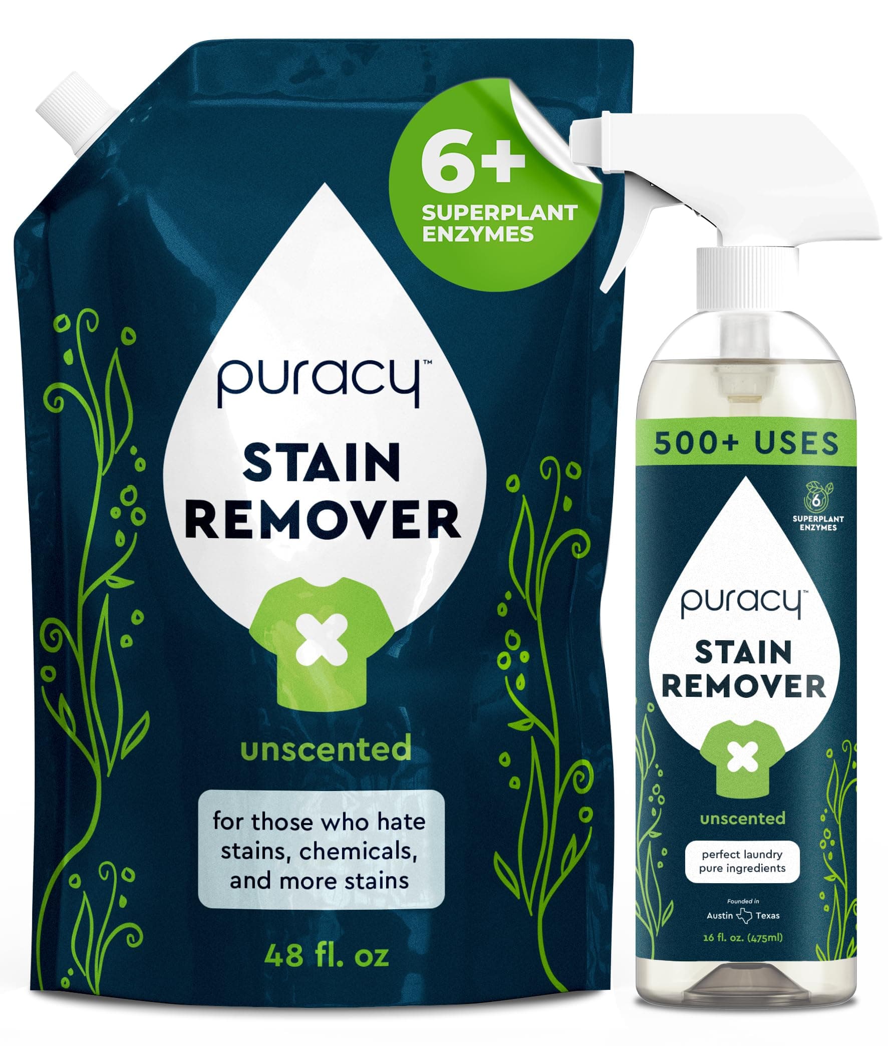Puracy Stain Remover, Natural Based Travel and Laundry Stain Cleaner for Clothes, Baby Essentials, Kids Stains, Oil and Fabric Spot Cleaner, Unscented (Spray, 475ml (16oz) + Refill, 1420ml (48oz))