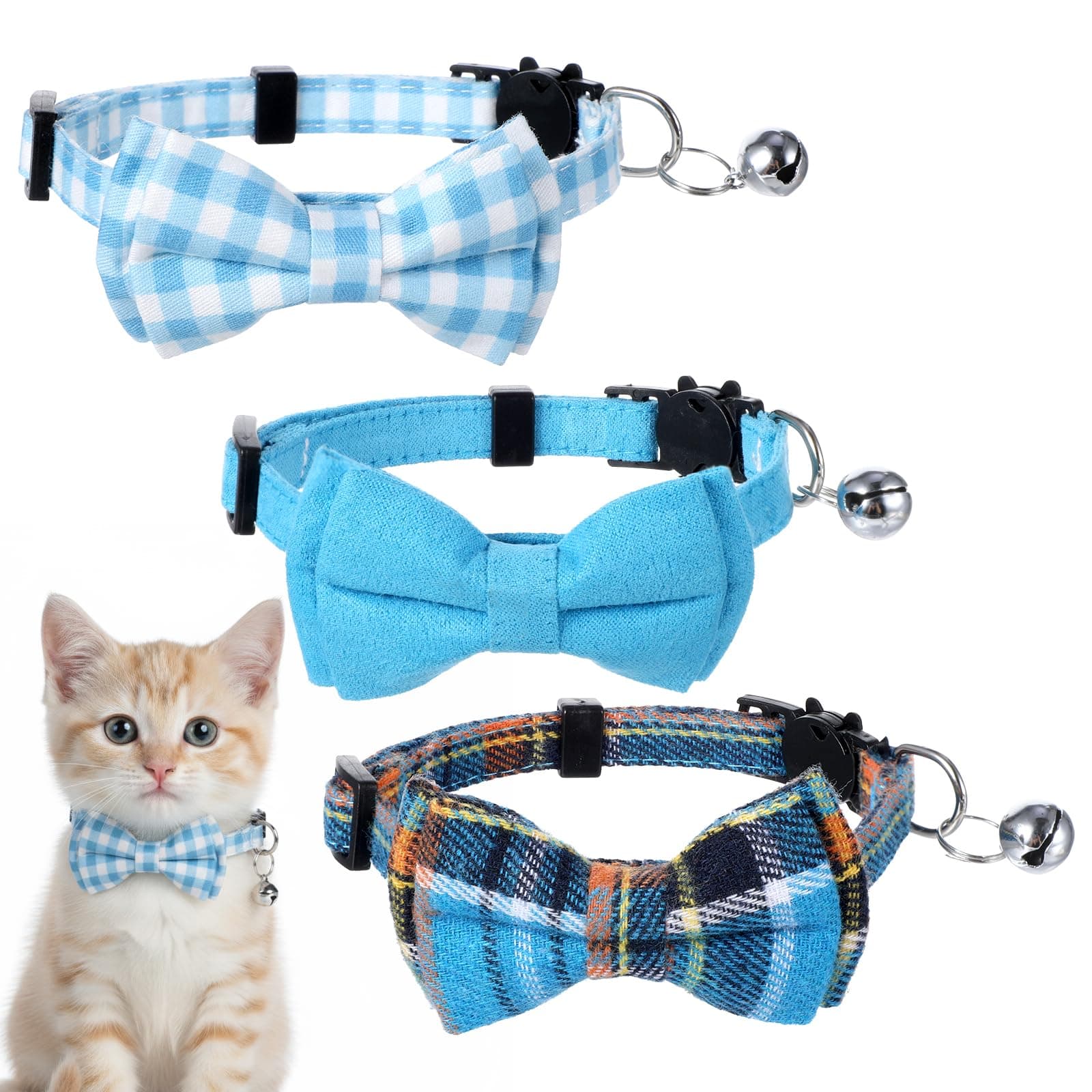 3pcs Bow Tie Cat Collar with Bells, Breakaway Bowtie Plaid Cat Collar, Soft Adjustable Bow Cats Collars for Kitten Puppy and Small Pets