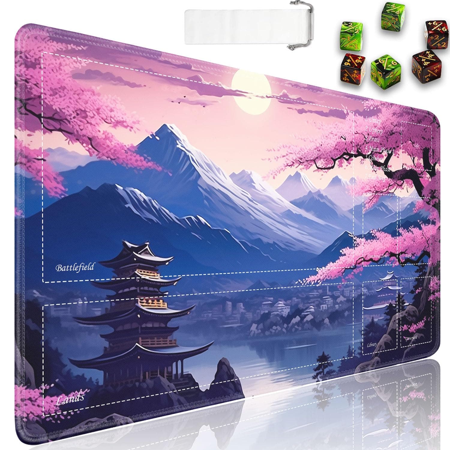 JVGFYNKL for TCG Playmat with Zones, 24x14 in Non-Slip Rubber for MTG Playmat with Drawstring Travel Pouch and 6 Dice, Japanese Cherry Blossom Scenery for MTG Mat, Card Game Playmats