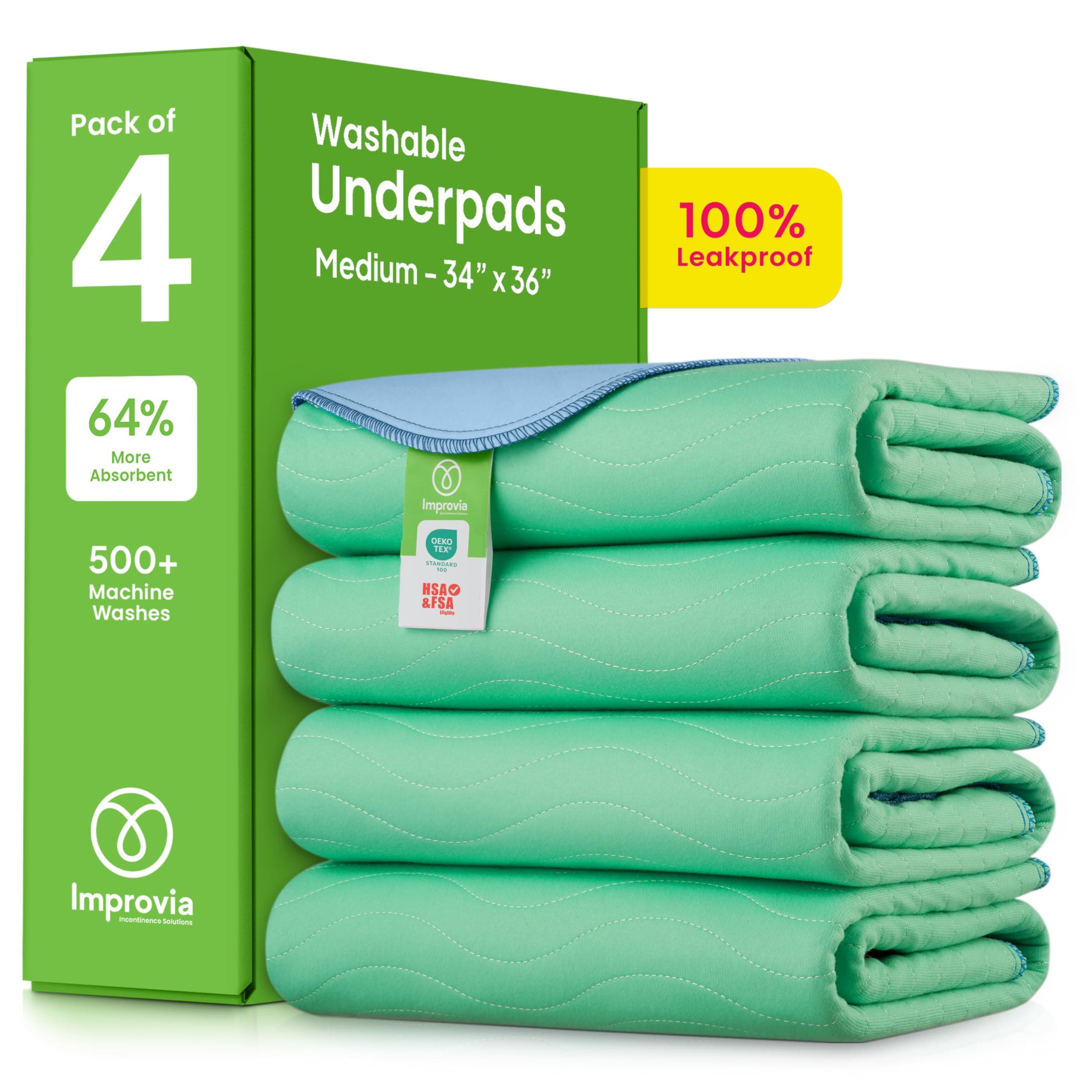IMPROVIA® Washable Underpads, Heavy Absorbency Reusable Incontinence Pads for Kids, Adults, Elderly, and Pets, Waterproof Protection Floor (Green, 34"x36" (Pack of 4))
