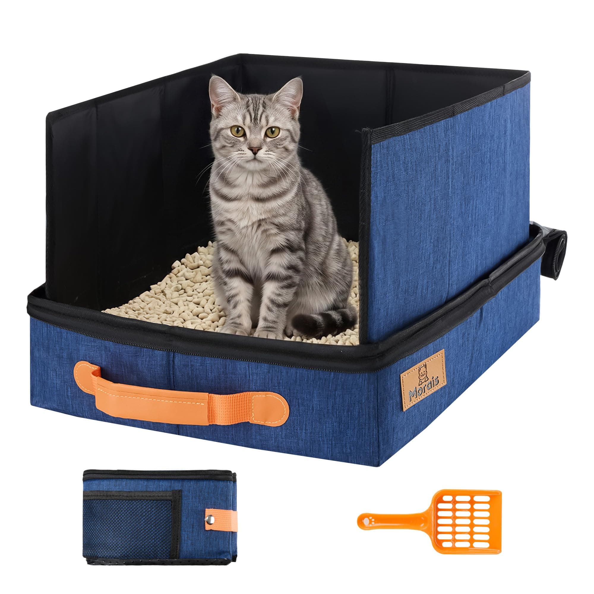 MORAIS Portable Travel Litter Box for Cats, 17.7"×13.5"×11" Collapsible Cat Litter Box with Lid, Leak-Proof Cat Litter Pan for Car Hotel Airplane, Waterproof & Easy to Carry- Blue