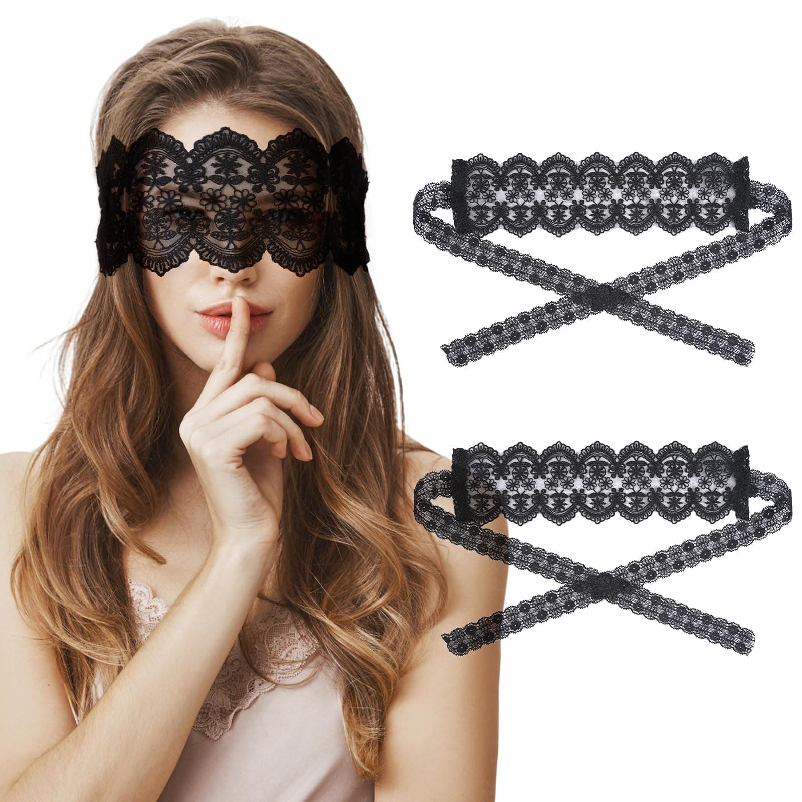 FRESHME Lace Blind Folds for Couples - 2 Pcs Soft Black Eye Sleeping Mask Blindfolds for Women Men, Blackout Long Adjustable Night Eye Cover for Valentines Girlfriend Boyfriend Gift