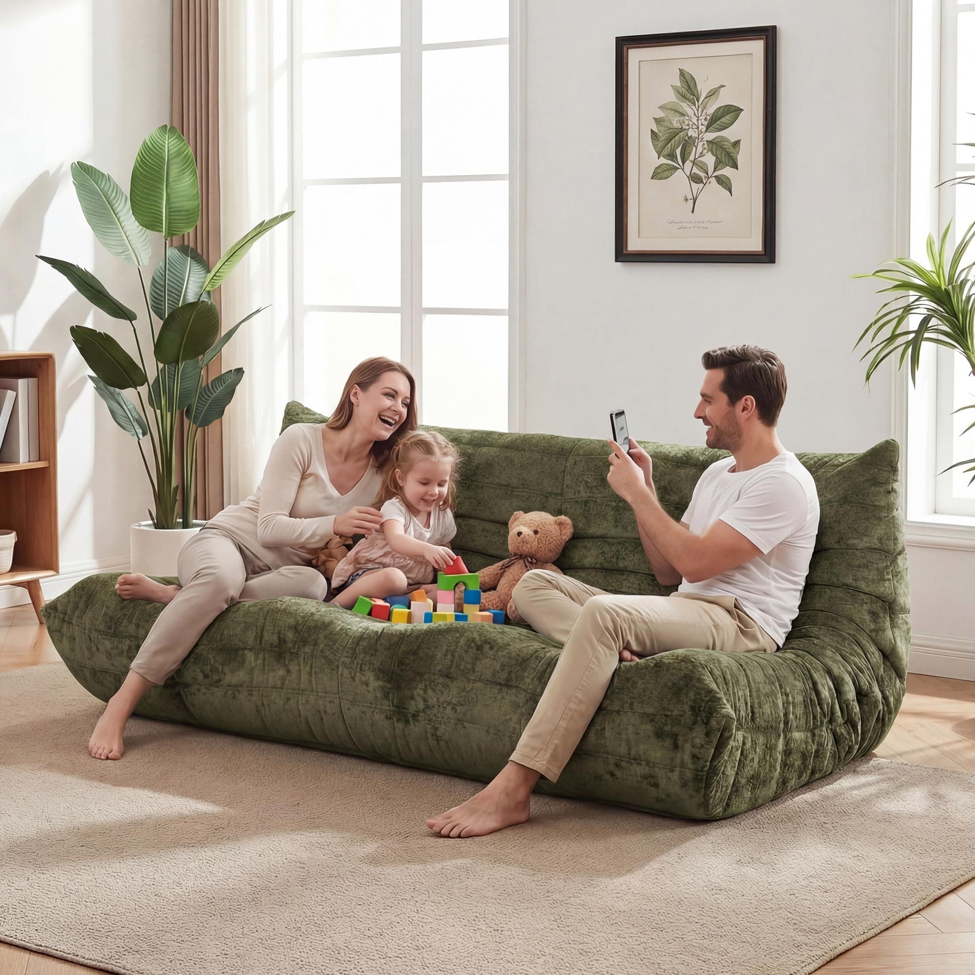 No Assembly Lounge Boneless Floor Sofa & Frameless Loveseat Bean Bag Couch