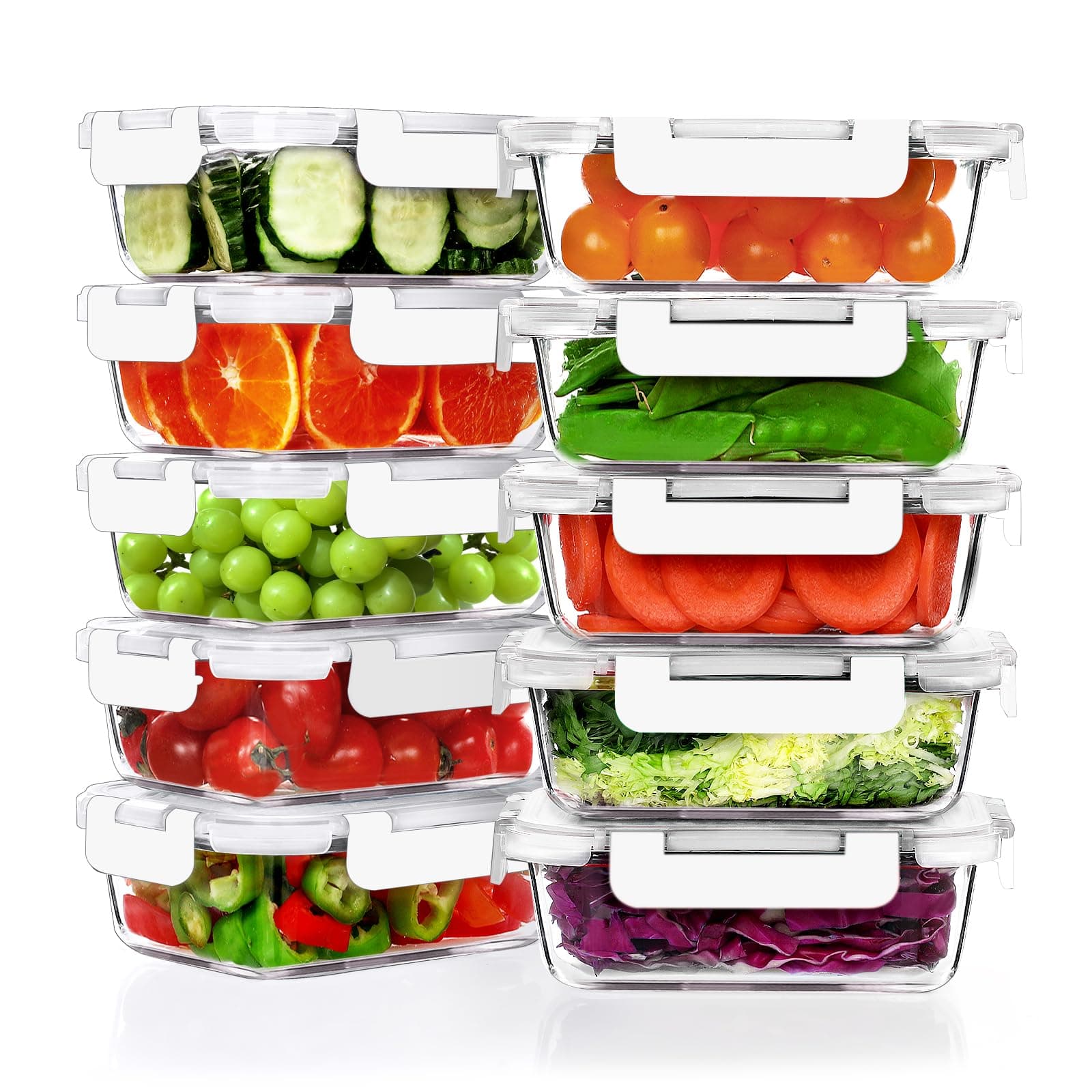 VERONES 10 Pack 22 OZ Glass Meal Prep Containers, Airtight Glass Lunch Containers Set, Food Storage Containers with Lids,BPA Free, for Microwave, Oven, Freezer & Dishwasher Friendly,White