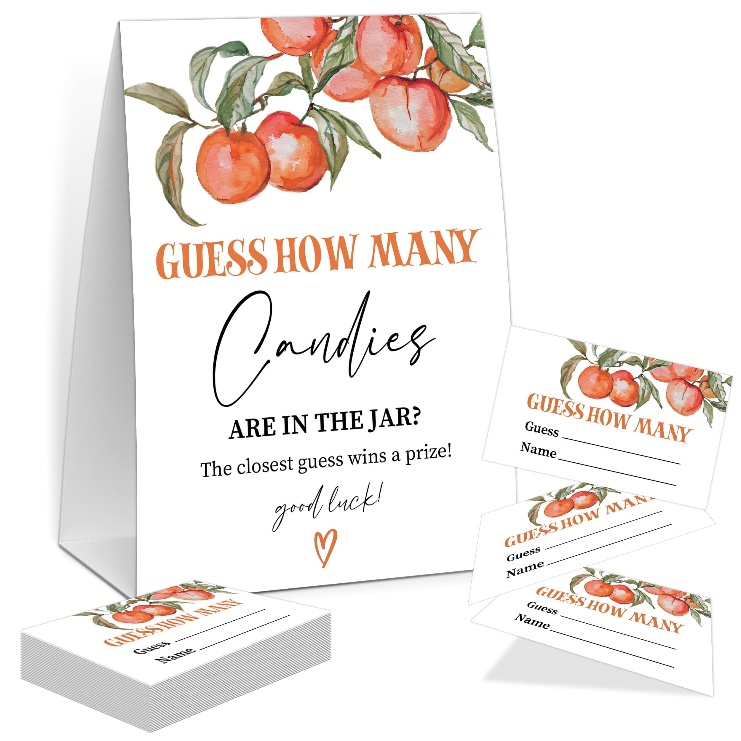 Peach Guess How Many Candies Are In The Jar Game, Baby Shower Game, Include One 5×7 Sign and 50 Guessing Cards, Sweet Peach Gender Reveal Party Decoration Supplies - FE14