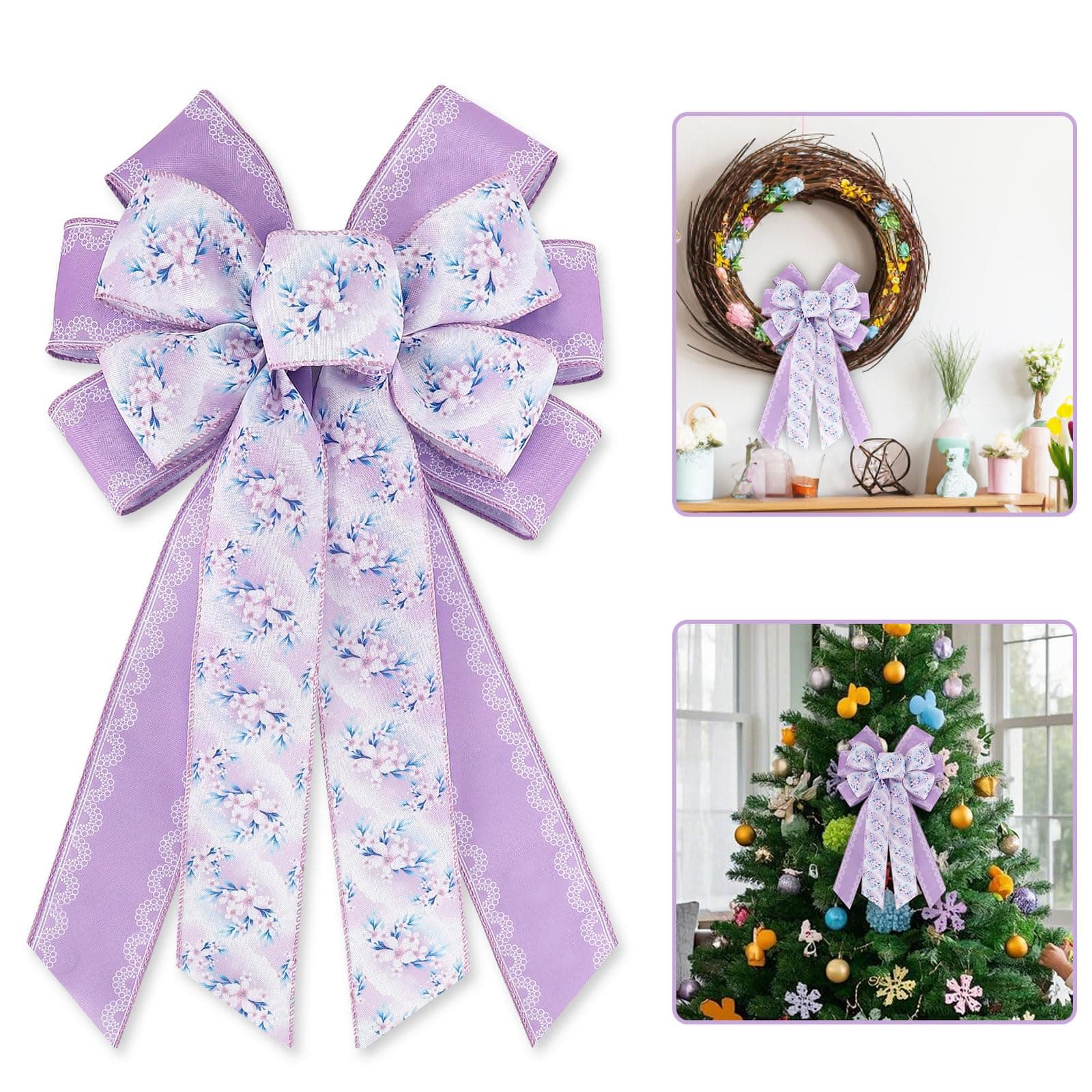Blinket Spring Floral Wreath Bows for Front Door – Purple Burlap Wired Bows with Lace for Easter Spring Birthday Wedding – Large Rustic Farmhouse Bow for Wreath Indoor Outdoor Decoration