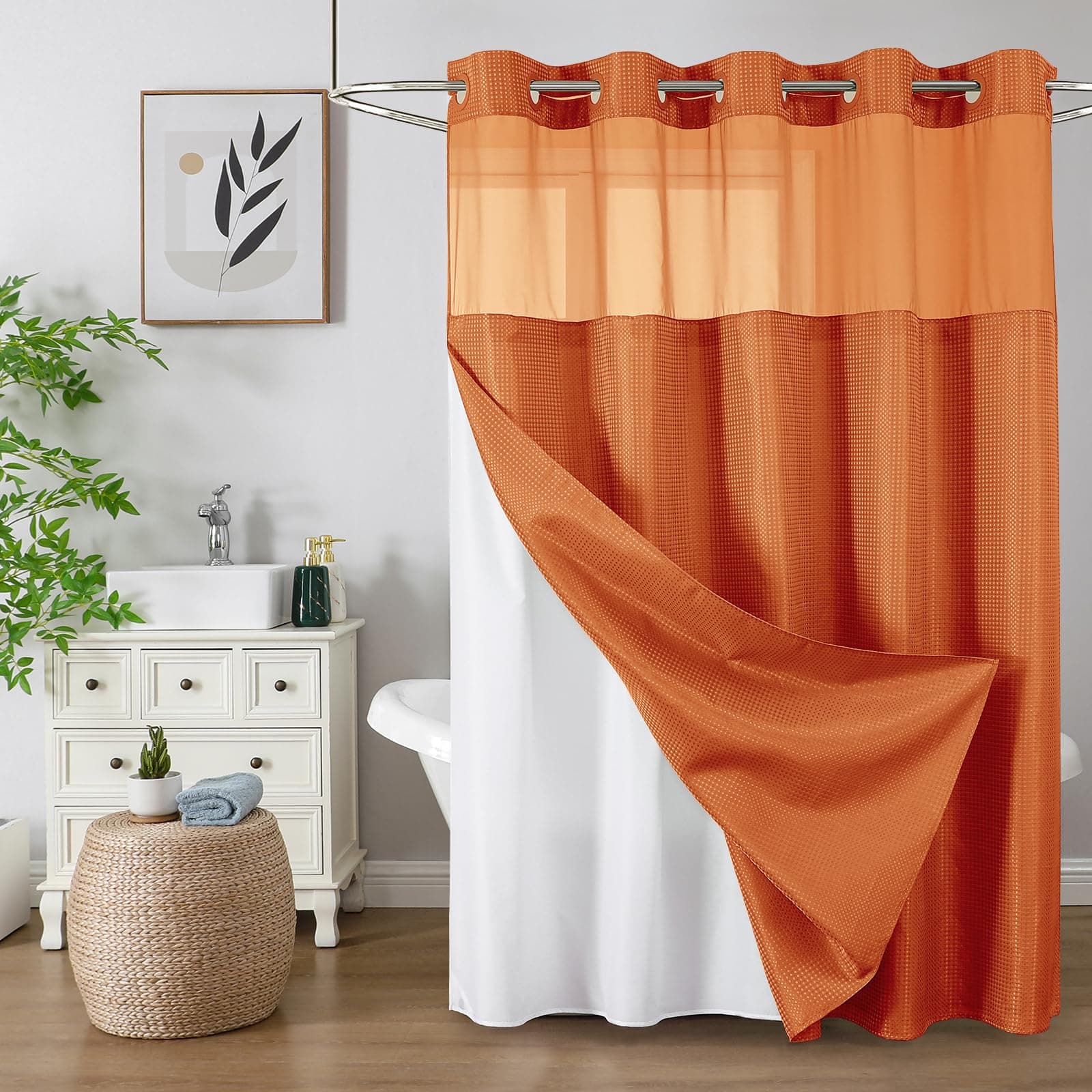 Colorful Star Small Stall Shower Curtain with Snap in Fabric Liner, Waffle Weave No Hook Shower Curtains with Mesh Top Window, Hotel Style Waterproof Bathroom Curtain Set, 36 x 75 Inch, Burnt Orange
