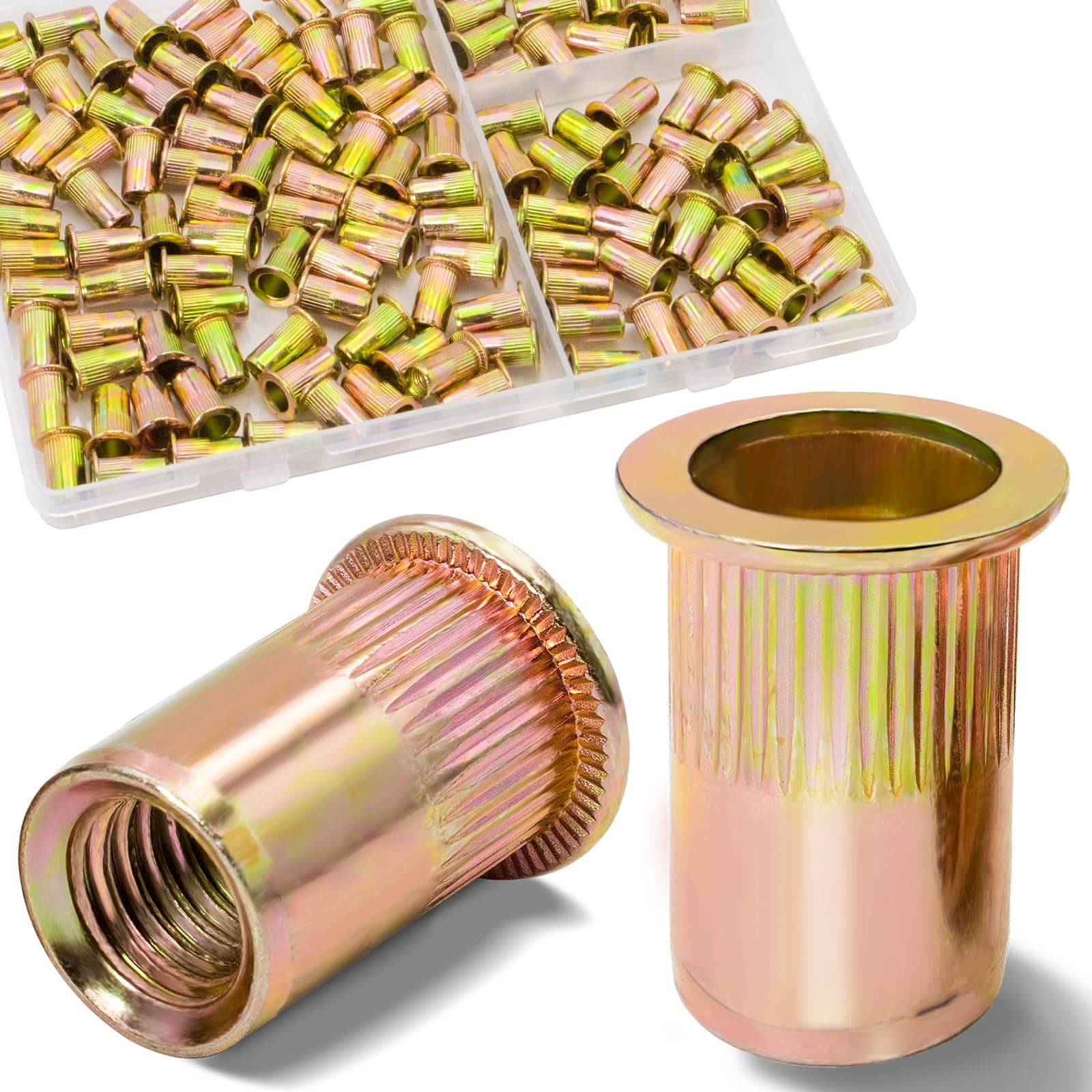 Vifmy 10-24 UNC Rivet Nut, 130Pcs Zinc Plated Finish Carbon Steel Flat Head Threaded Insert Nutsert Kit