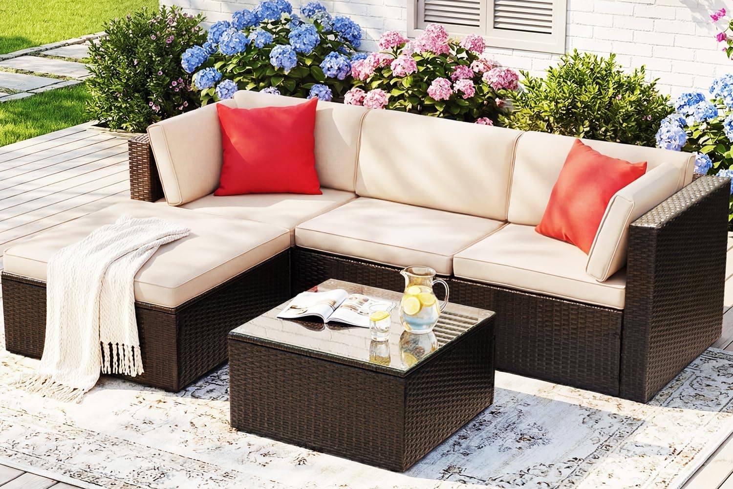 Devoko 5 Pieces Patio Furniture Sets All Weather Outdoor Sectional Patio Sofa Manual Weaving Wicker Rattan Patio Seating Sofas with Cushion and Glass Table(Beige)