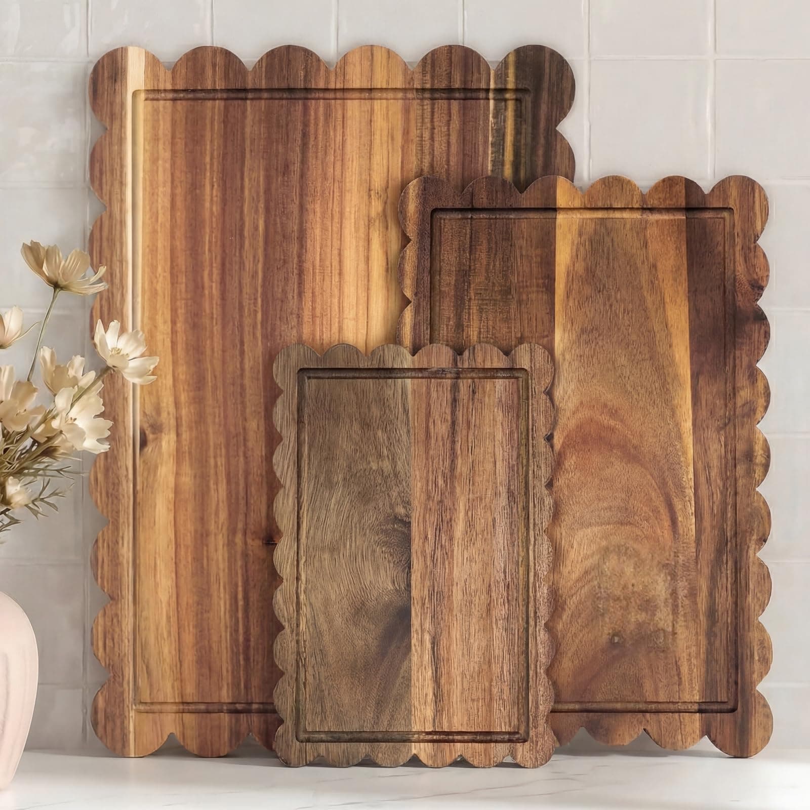 3 Pcs Acacia Wood Scalloped Cutting Boards Set, Wooden Charcuterie Board Decorative Cutting Boards for Kitchen Cheese Meat Fruit Pizza Bread Baking Chopping Blocks