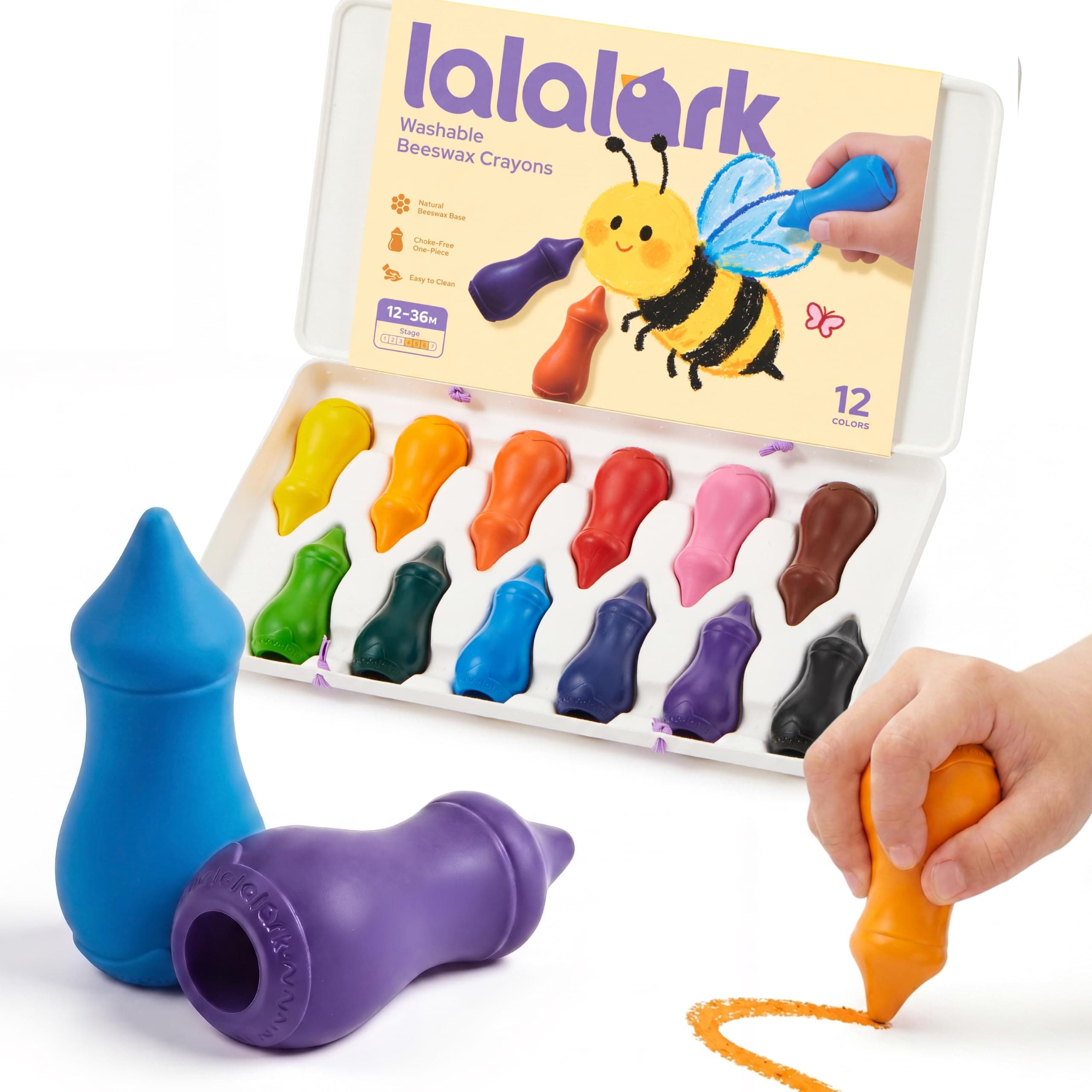 lalalark Beeswax Crayons for Toddlers 1-3, Natural Washable, 12 Colors