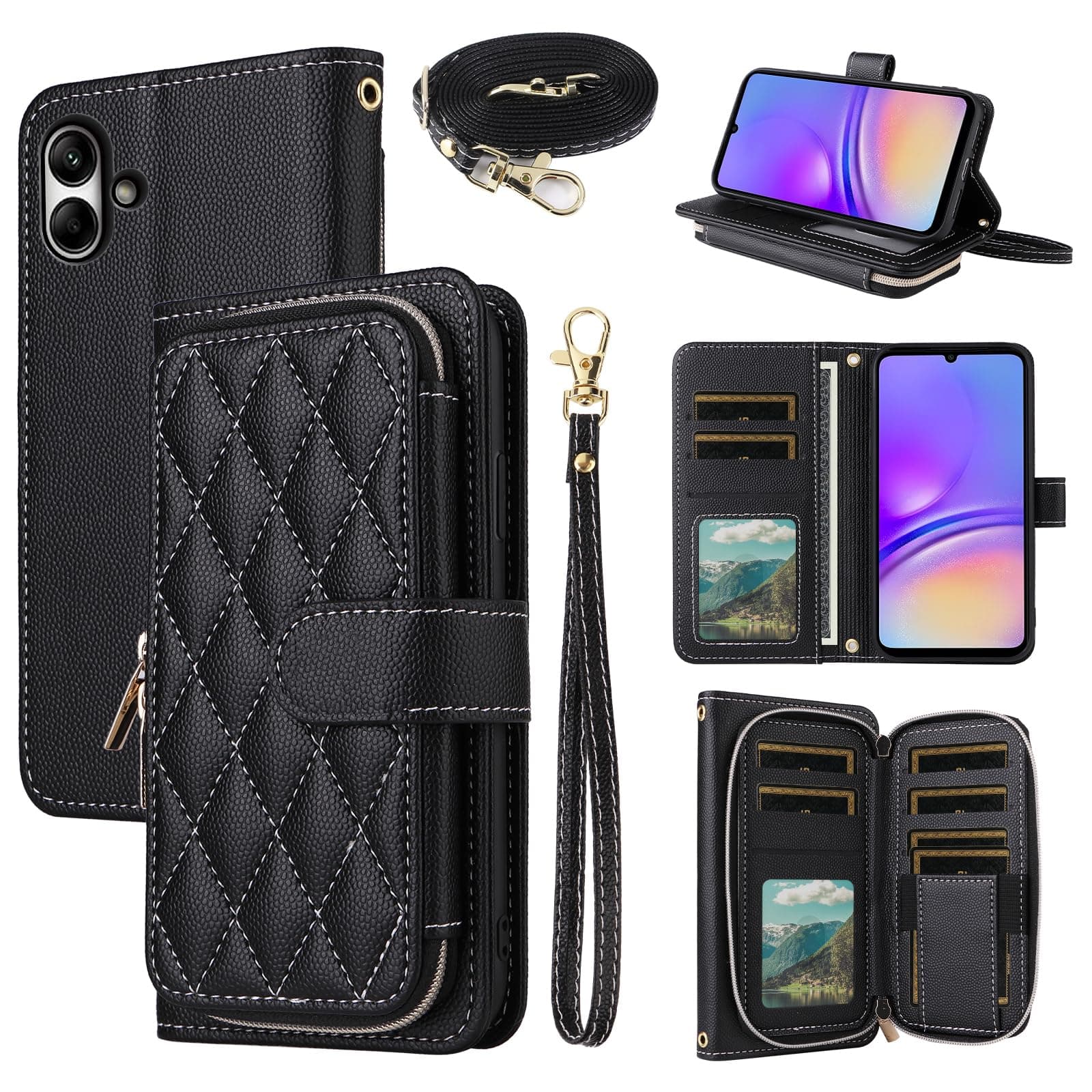 Dswteny Argyle Wallet Case for Samsung Galaxy A04 with Wrist Strap Shoulder Strap, Zipper Purse PU Leather Flip Credit Card Holder Stand Accessories Cell Phone Cover for Ao4 A 04 4G Women Girls Black