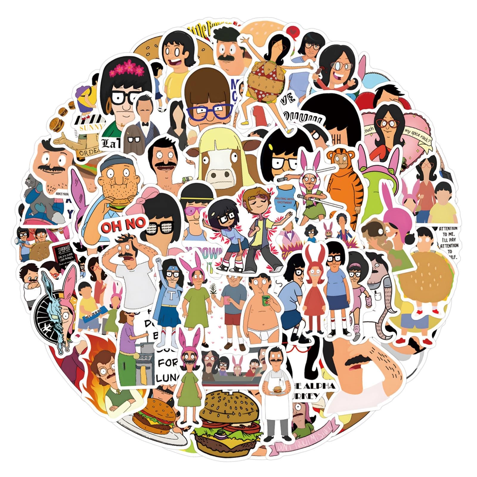 110Pcs Bobs Burgers Stickers Cool Cartoon Movie Stickers, Vinyl Waterproof Sticker for Laptop, Guitar, Water Bottle, Birthday Gifts for Girls, Kids, Teens (Bobs Burgers)