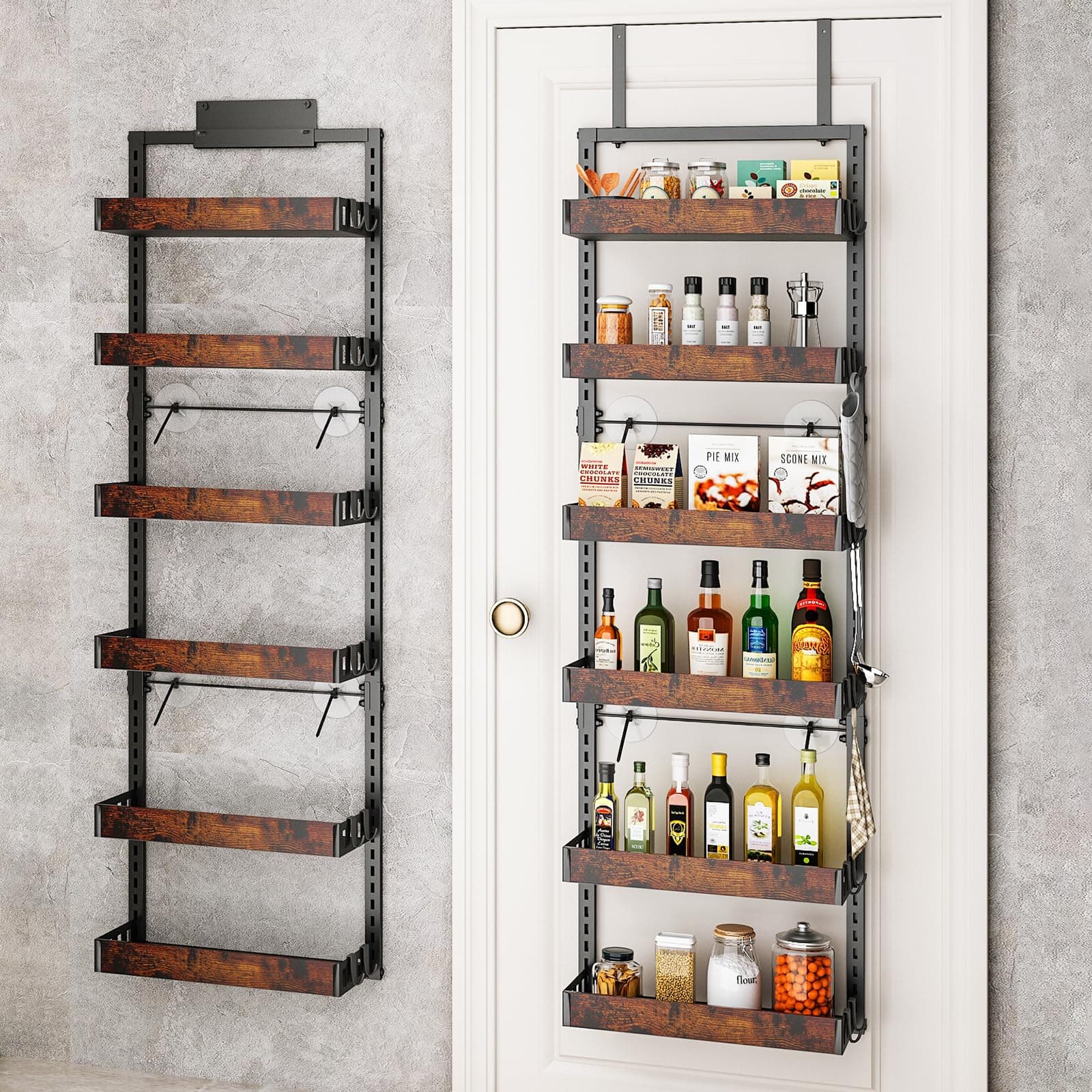 BUKFEN 6-Tier Over the Door Pantry Organizer, 2-in-1 Door Hanging or Wall Mounted Spice Rack, Heavy Duty Metal Storage Shelves with Adjustable Wooden Baskets for Kitchen Bathroom Closet