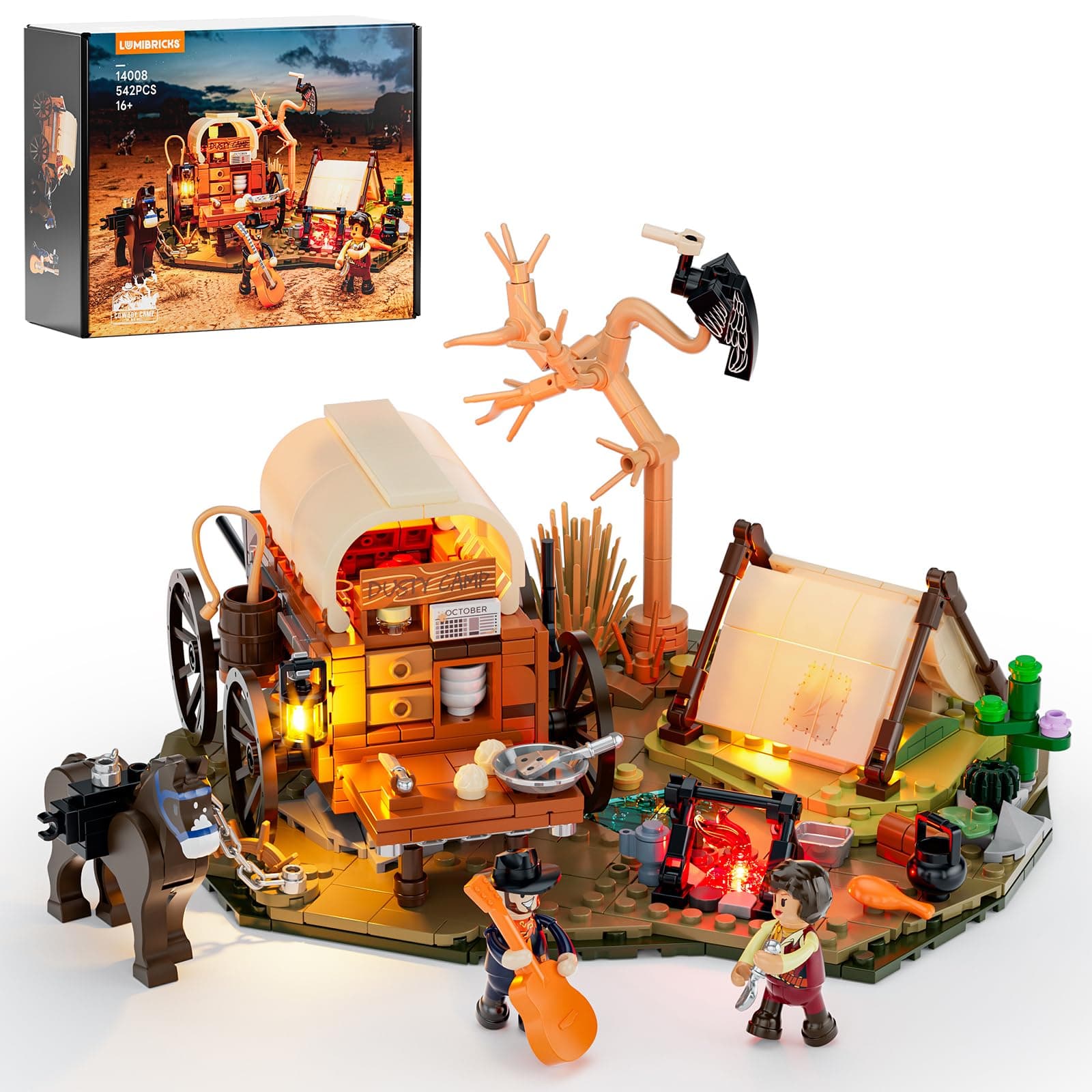 Lumibricks Cowboy Camp Lighting Building-Bricks Set - The Old West Shelter with Covered Wagon and Horse 542 Pcs Collection Display Set for Adults and West Lovers