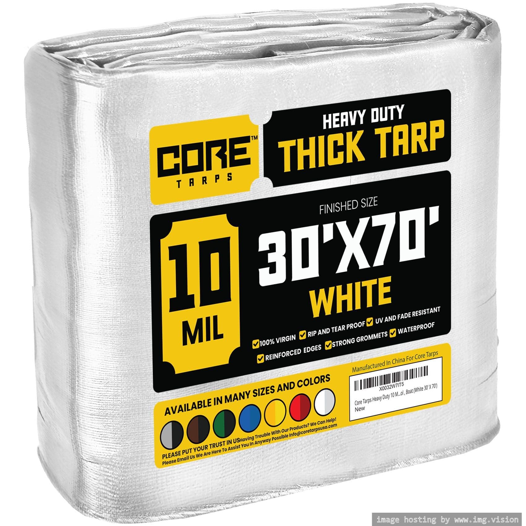 Core Tarps Heavy Duty 10 Mil Tarp Cover, Waterproof, UV Resistant, Rip and Tear Proof, Poly Tarpaulin with Reinforced Edges for Roof, Camping, Patio, Pool, Boat (White 30′ X 70′)